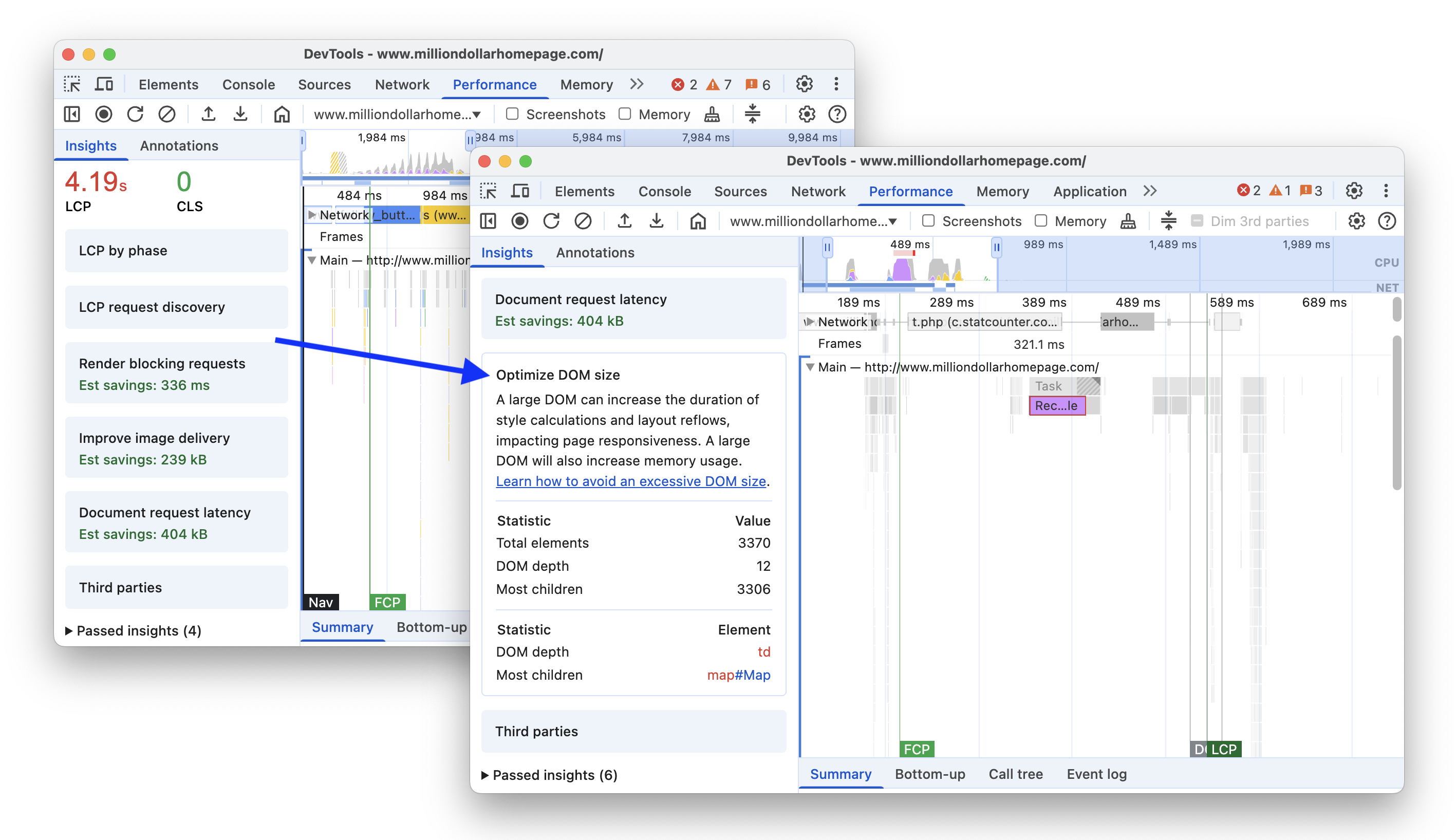 Before and after adding the 'Optimize DOM size' insight.