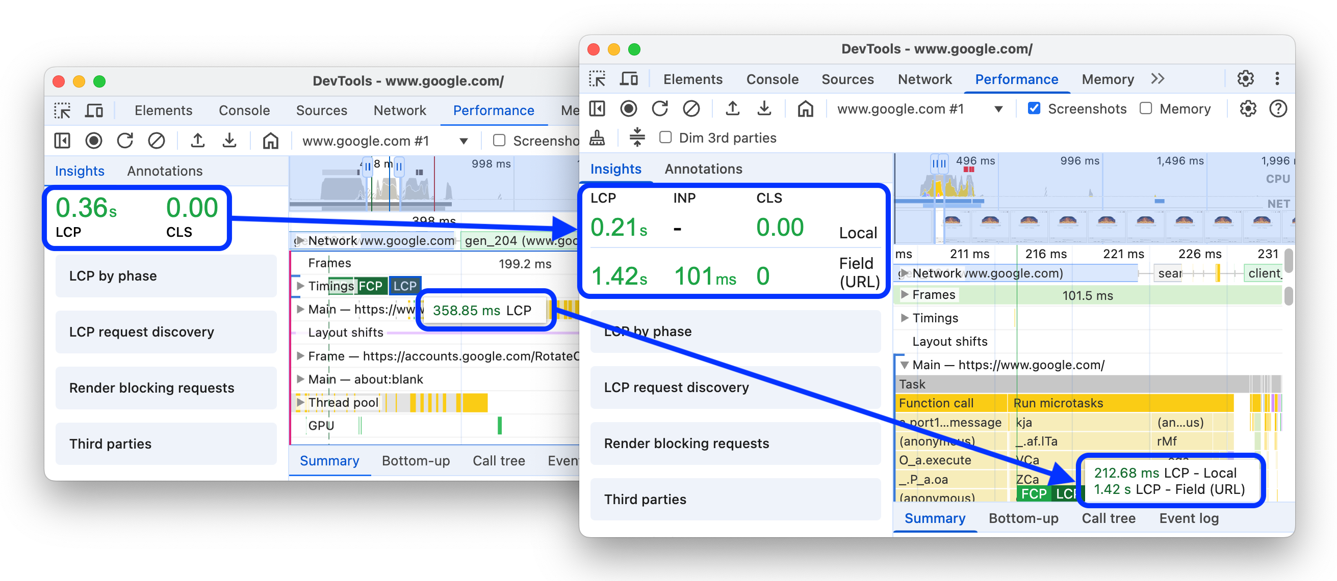 Antes e depois de adicionar dados de campo às dicas de ferramentas de marcadores e à guia &quot;Insights&quot;.