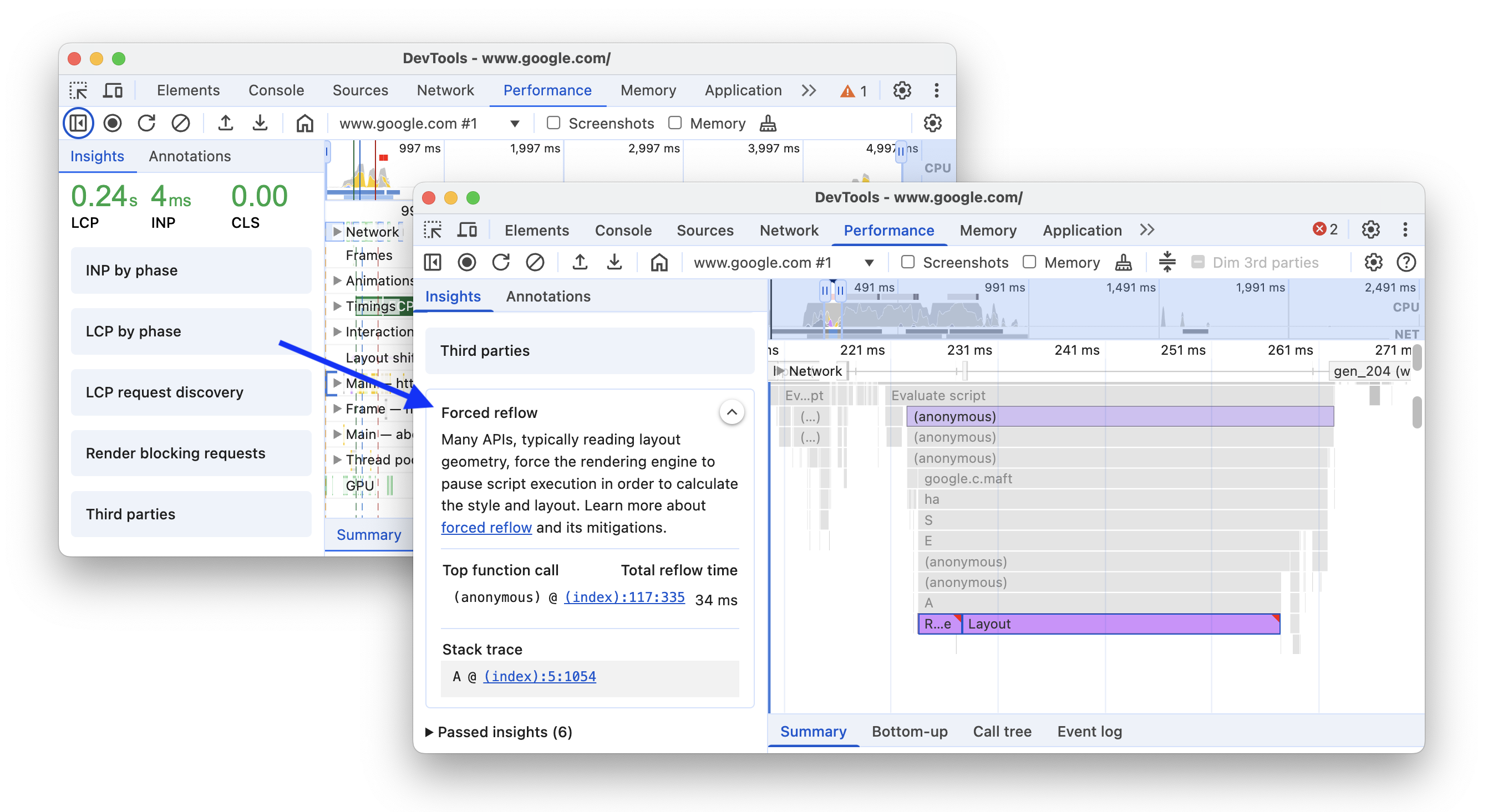 Antes e depois de adicionar o insight &quot;Reflow forçado&quot;.