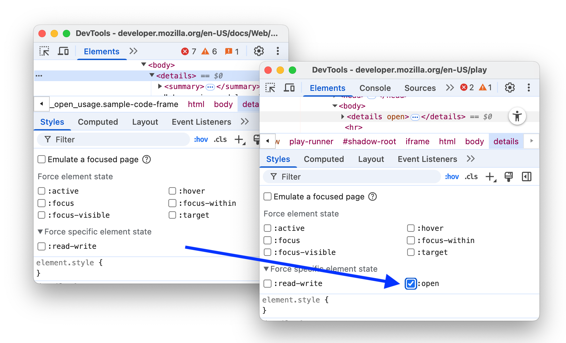 Before and after adding the ':open' option.