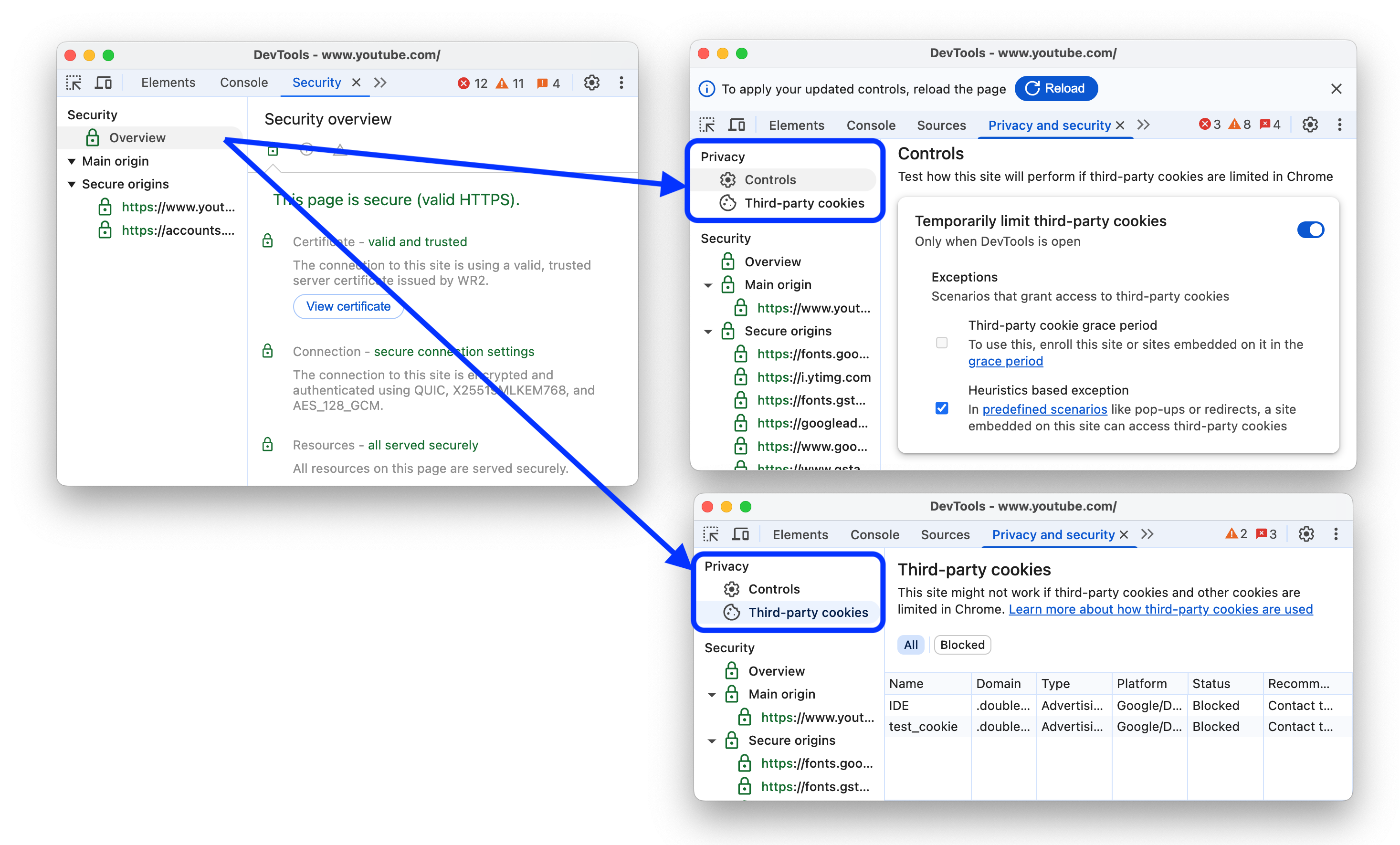 Antes e depois de adicionar a seção &quot;Privacidade&quot; ao painel &quot;Segurança&quot;.