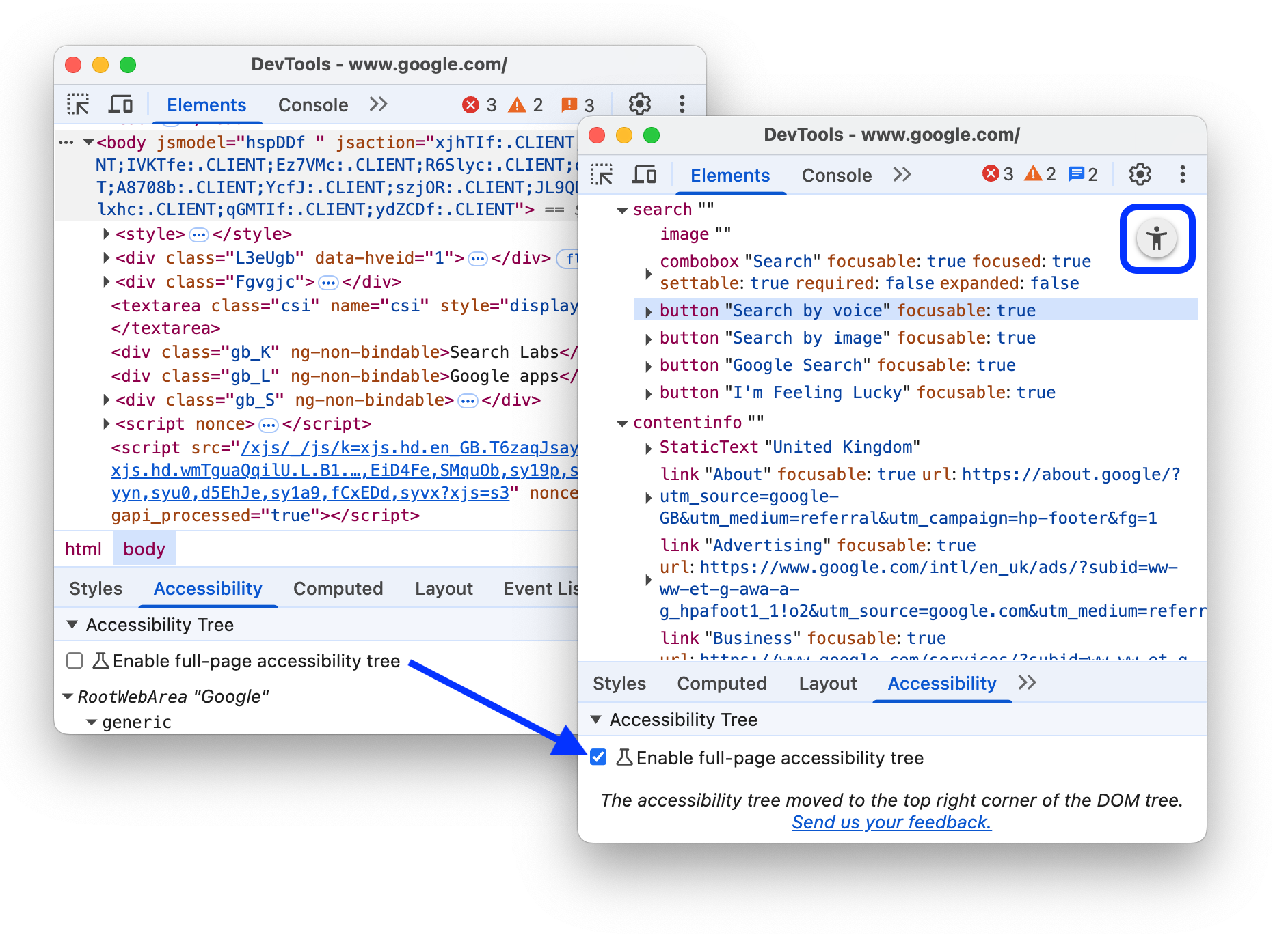启用整页模式的无障碍功能树状视图前后的对比。