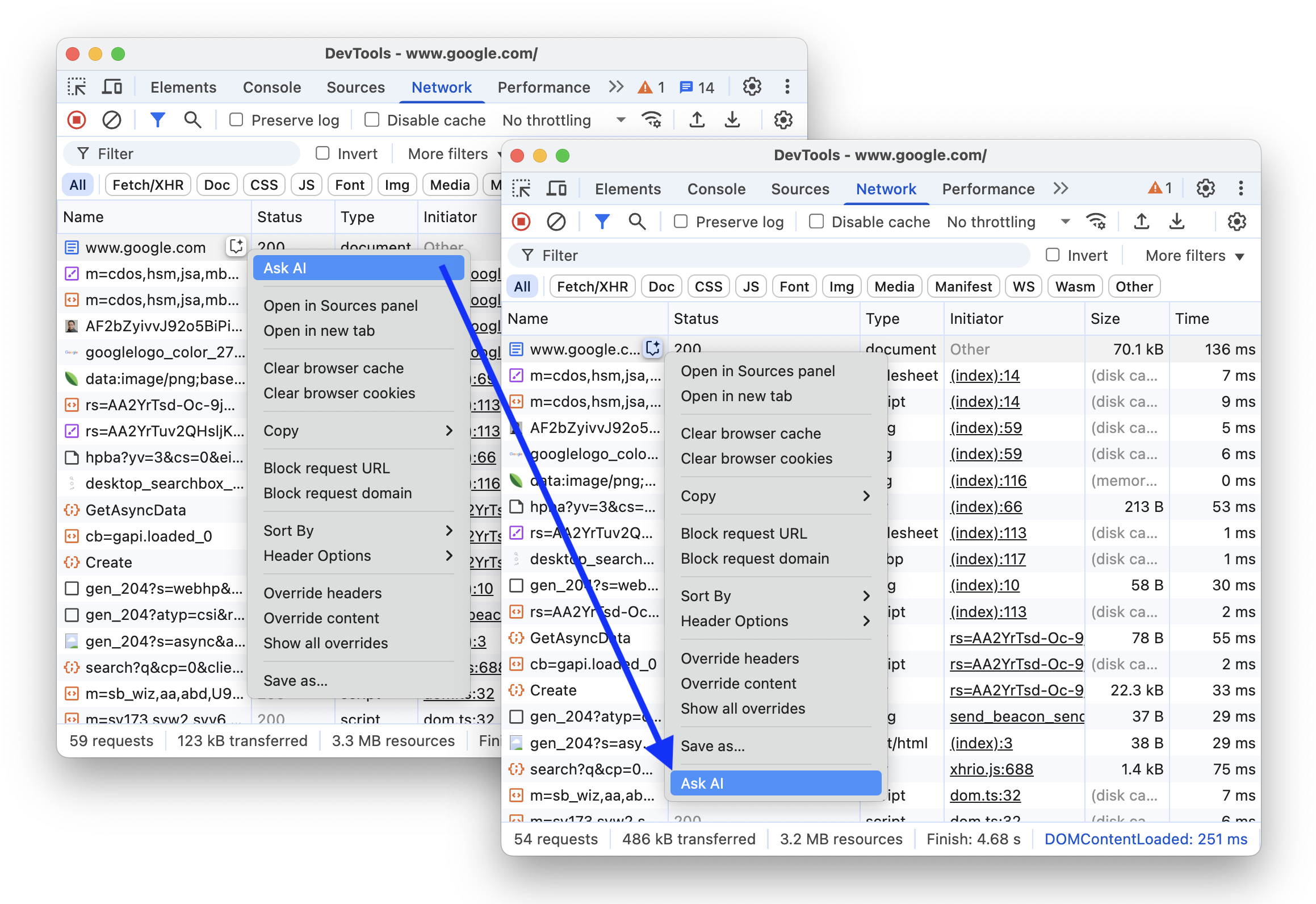 Sebelum dan sesudah memindahkan opsi &#39;Tanya AI&#39; ke bagian bawah menu drop-down.