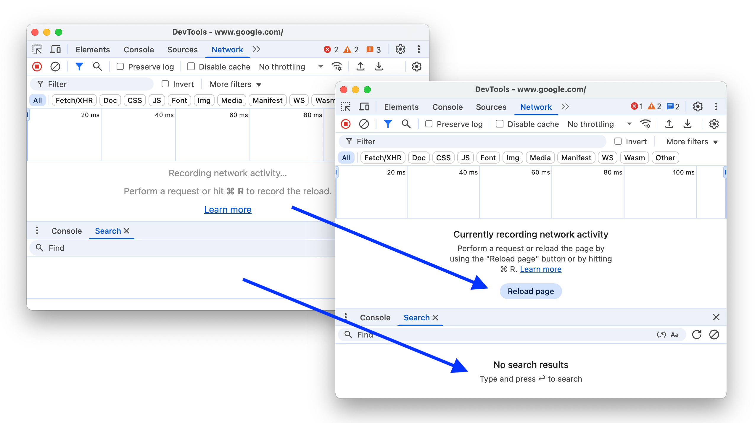 قبل و بعد از بهبود وضعیت خالی در پنلهای شبکه و جستجو.