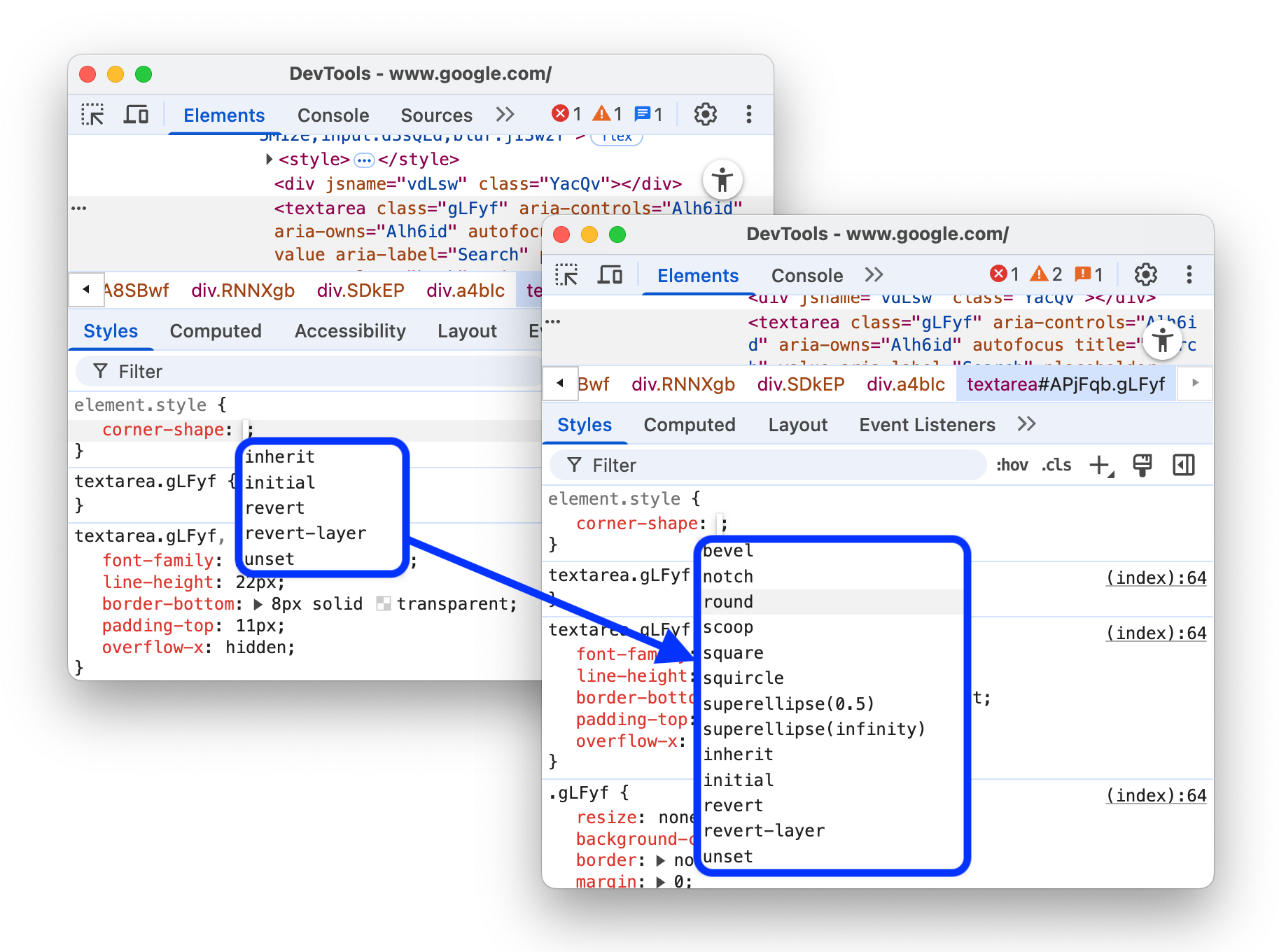 &#39;corner-shape&#39; 속성의 자동 완성 옵션입니다.