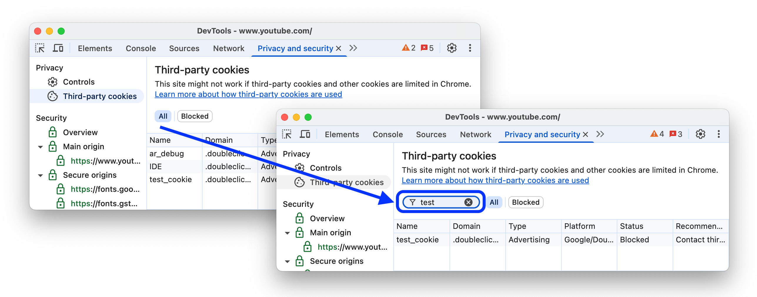 “第三方 Cookie”表格中的过滤条件。