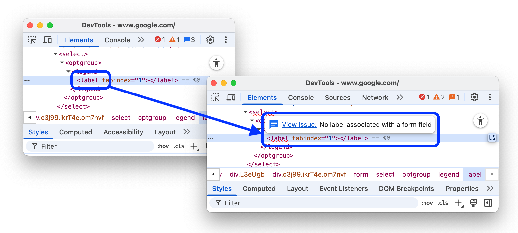 DOM ツリーで DOM の問題をハイライト表示する前後の様子。ツールチップと問題パネルへのリンクが表示されています。