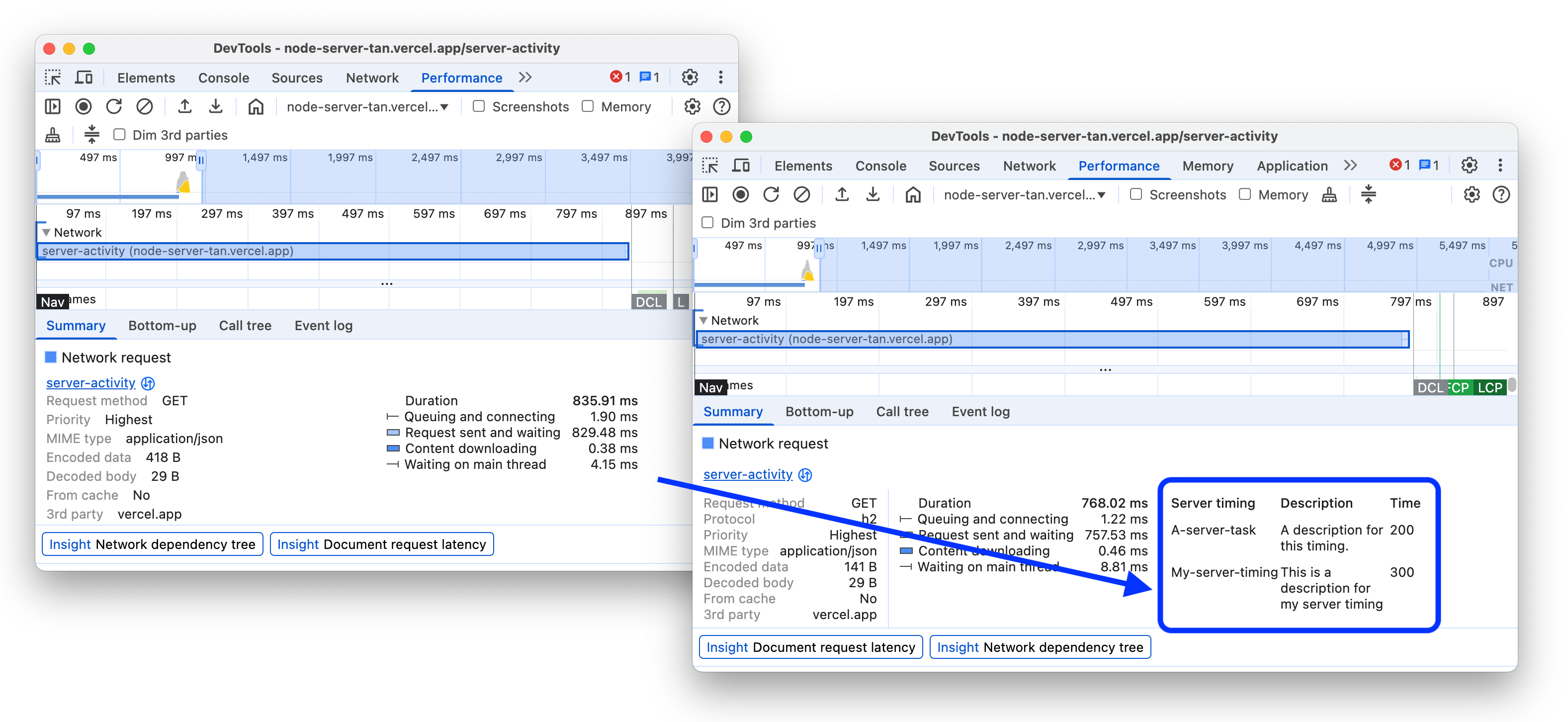 網路要求摘要中的「伺服器時間」表格。