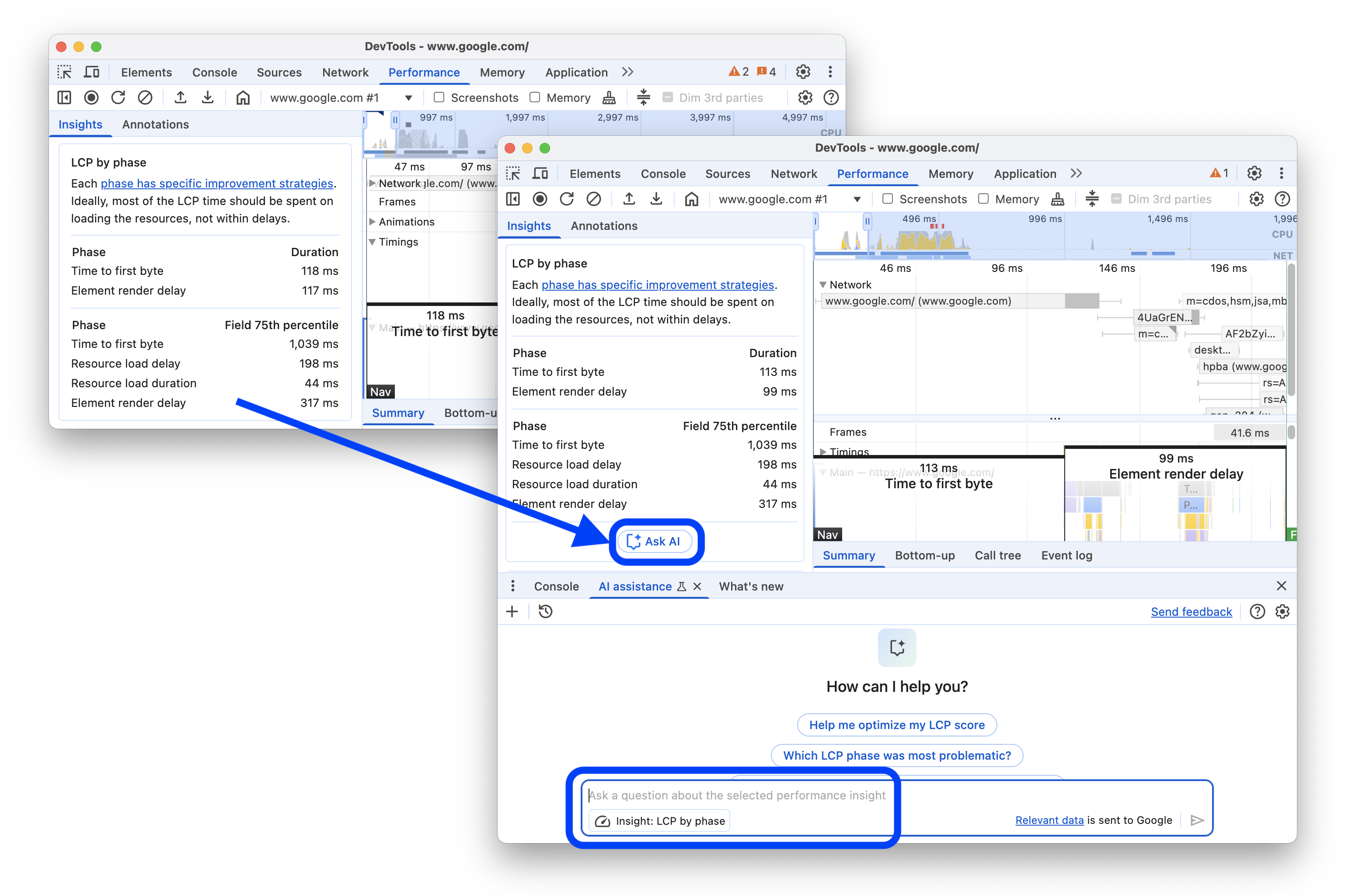 성능 패널의 통계에 &#39;AI에 질문하기&#39; 버튼을 추가하기 전과 후