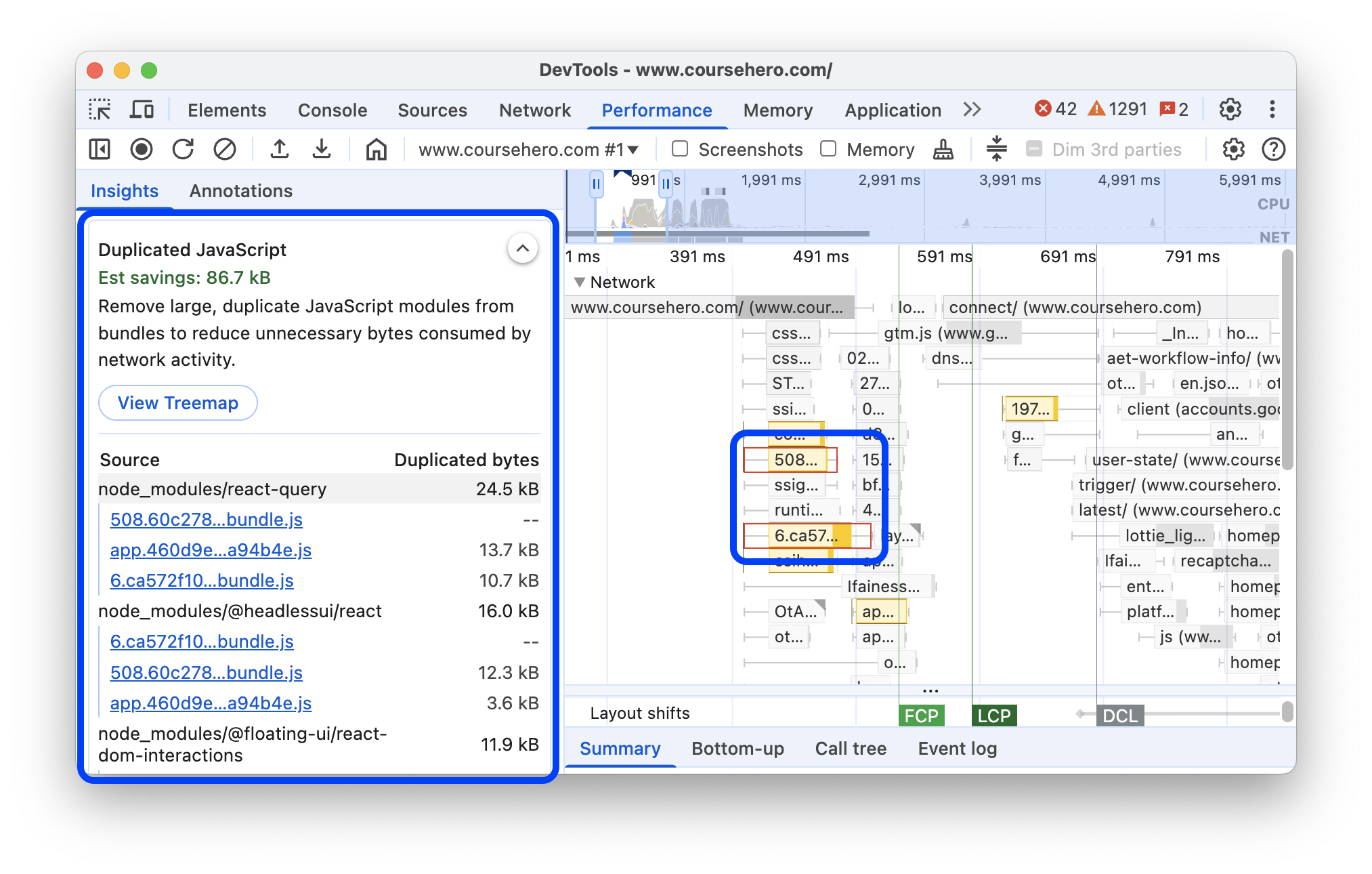 L'insight "JavaScript duplicato" nel riquadro Prestazioni.