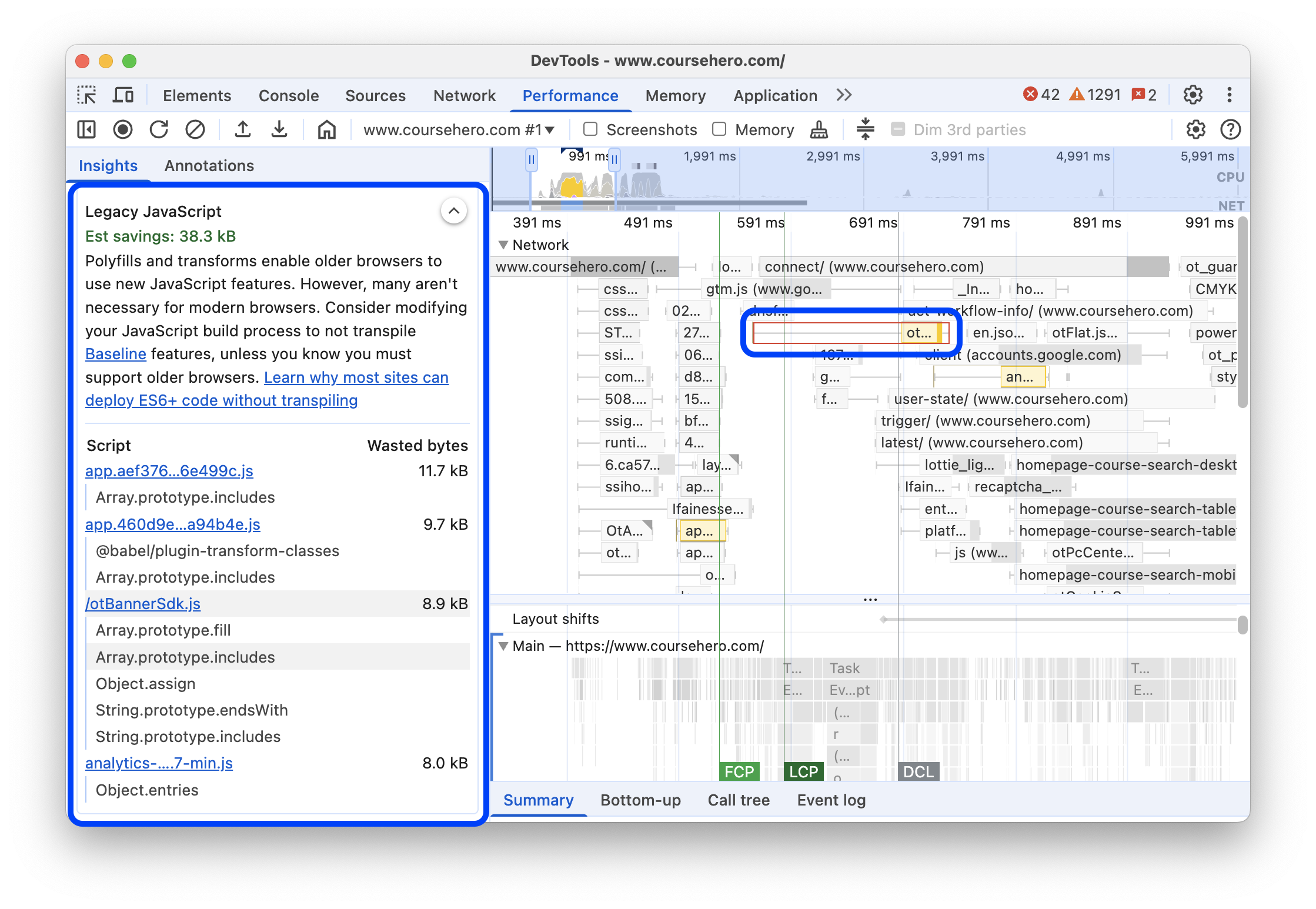 L&#39;insight &quot;JavaScript precedente&quot; nel riquadro Prestazioni.