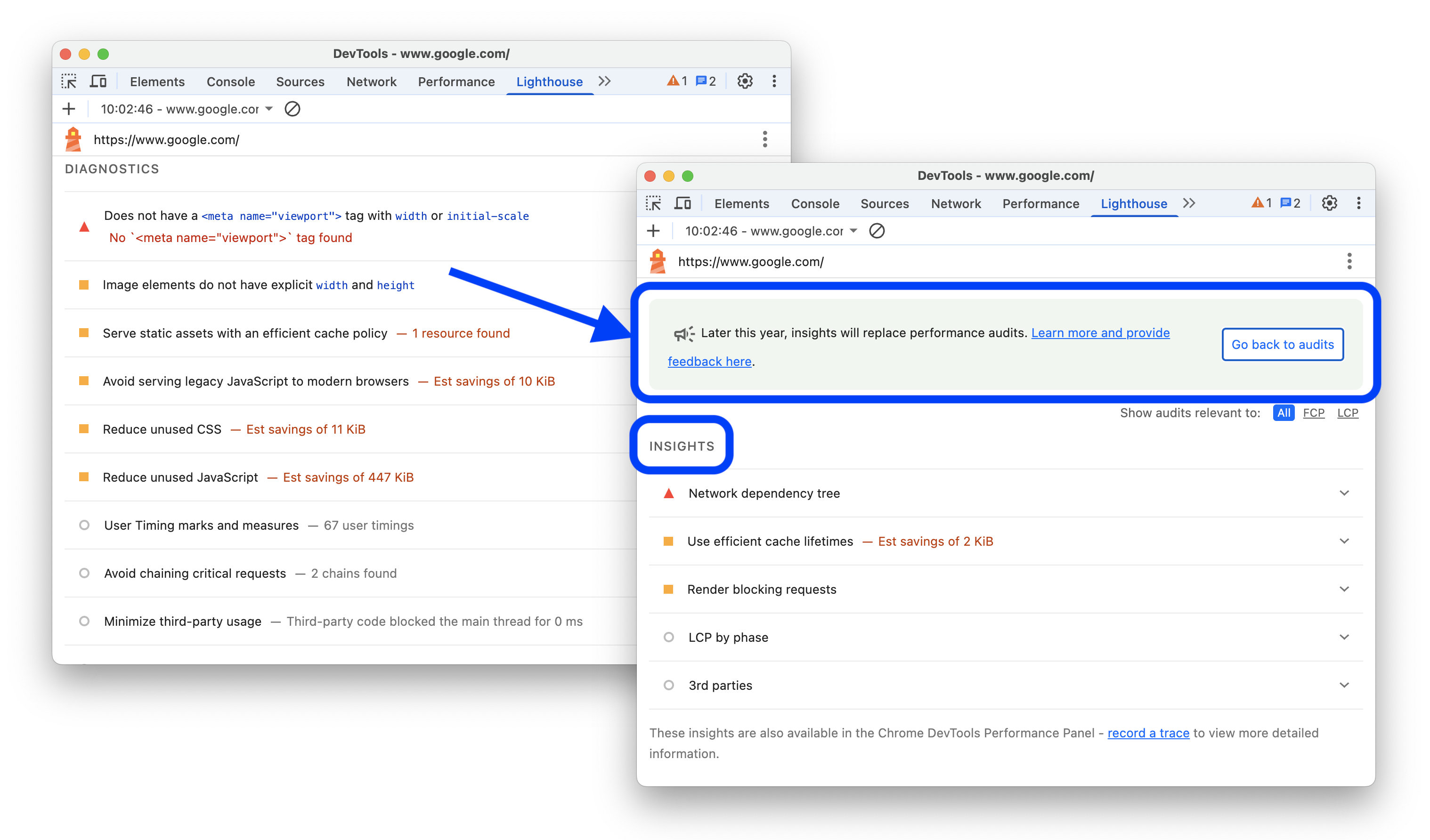 在 Lighthouse 報表中新增切換至洞察的選項前後。