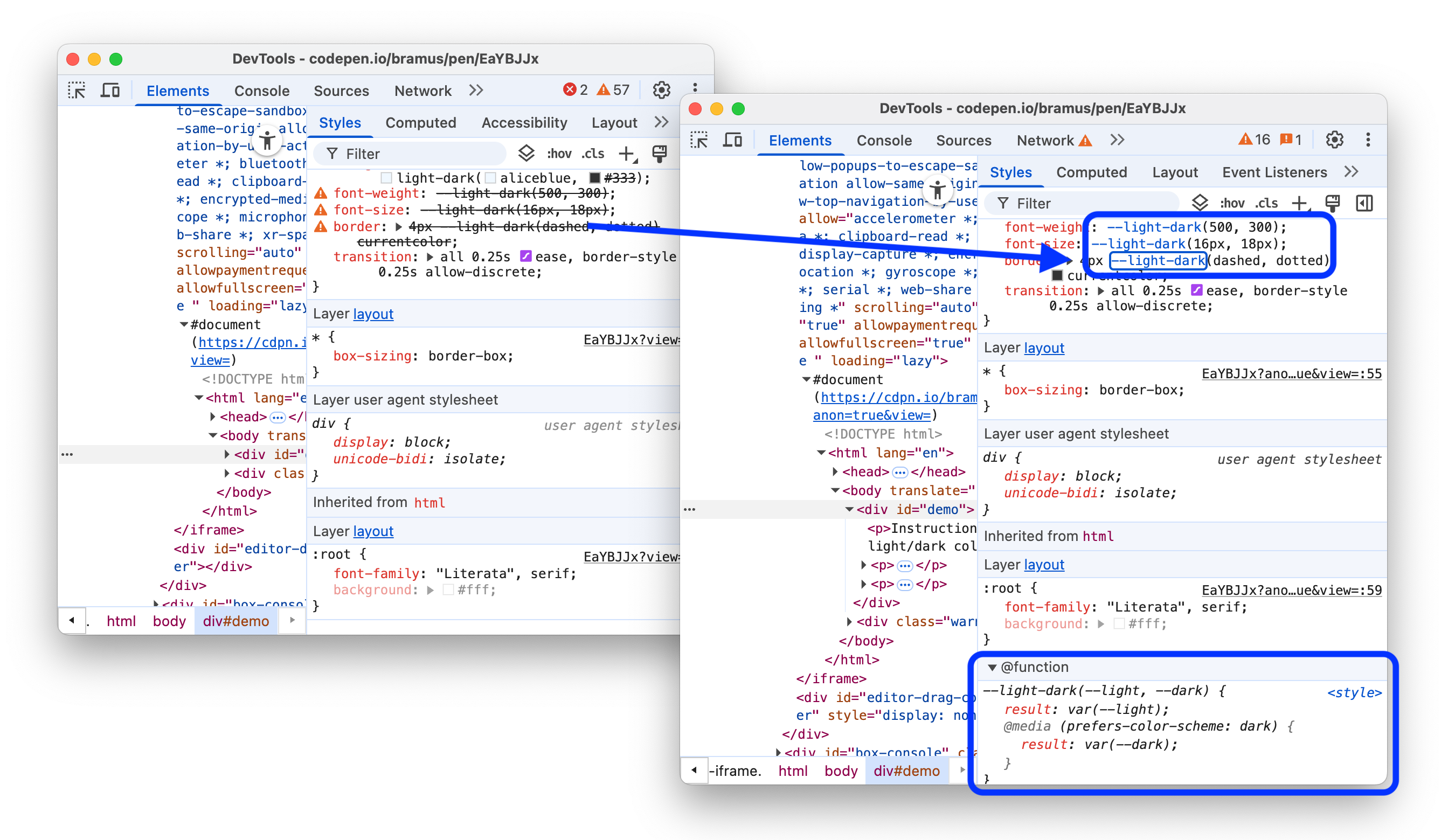 Vor und nach dem Verknüpfen des Namens der benutzerdefinierten Funktion mit dem entsprechenden Abschnitt.