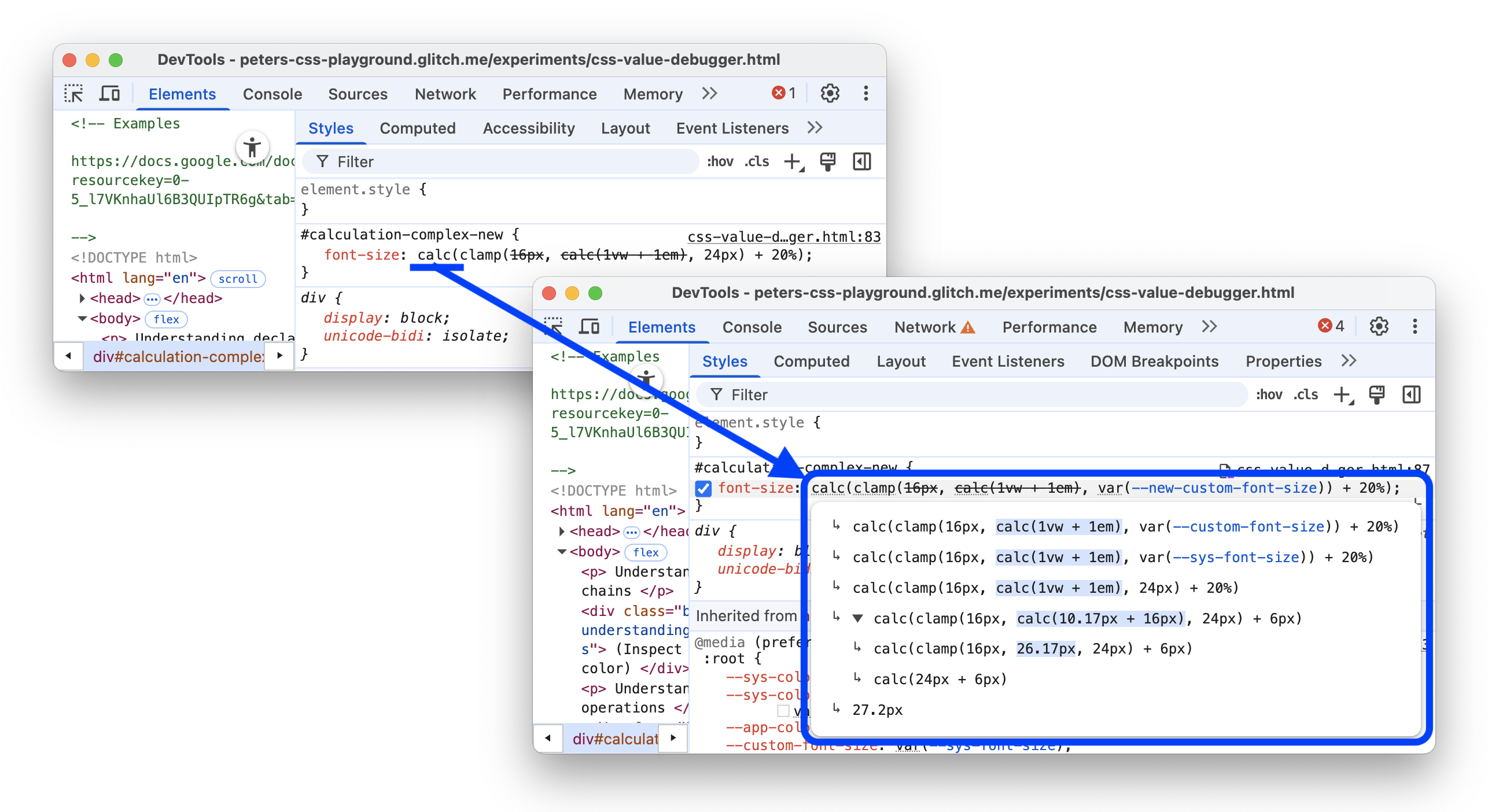 Sebelum dan sesudah menambahkan tooltip dengan rantai definisi dan penghitungan kompleks yang dapat diluaskan.