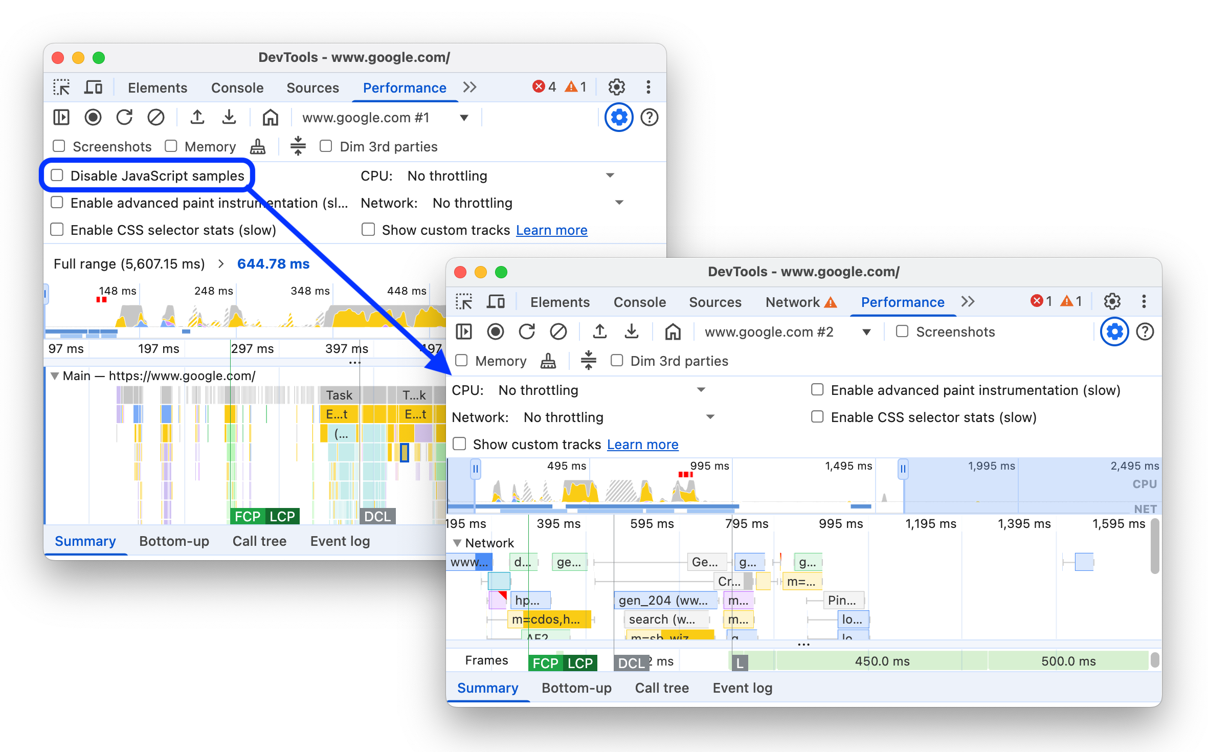 Antes y después de quitar la opción "Inhabilitar las muestras de JavaScript" de "Configuración de captura".