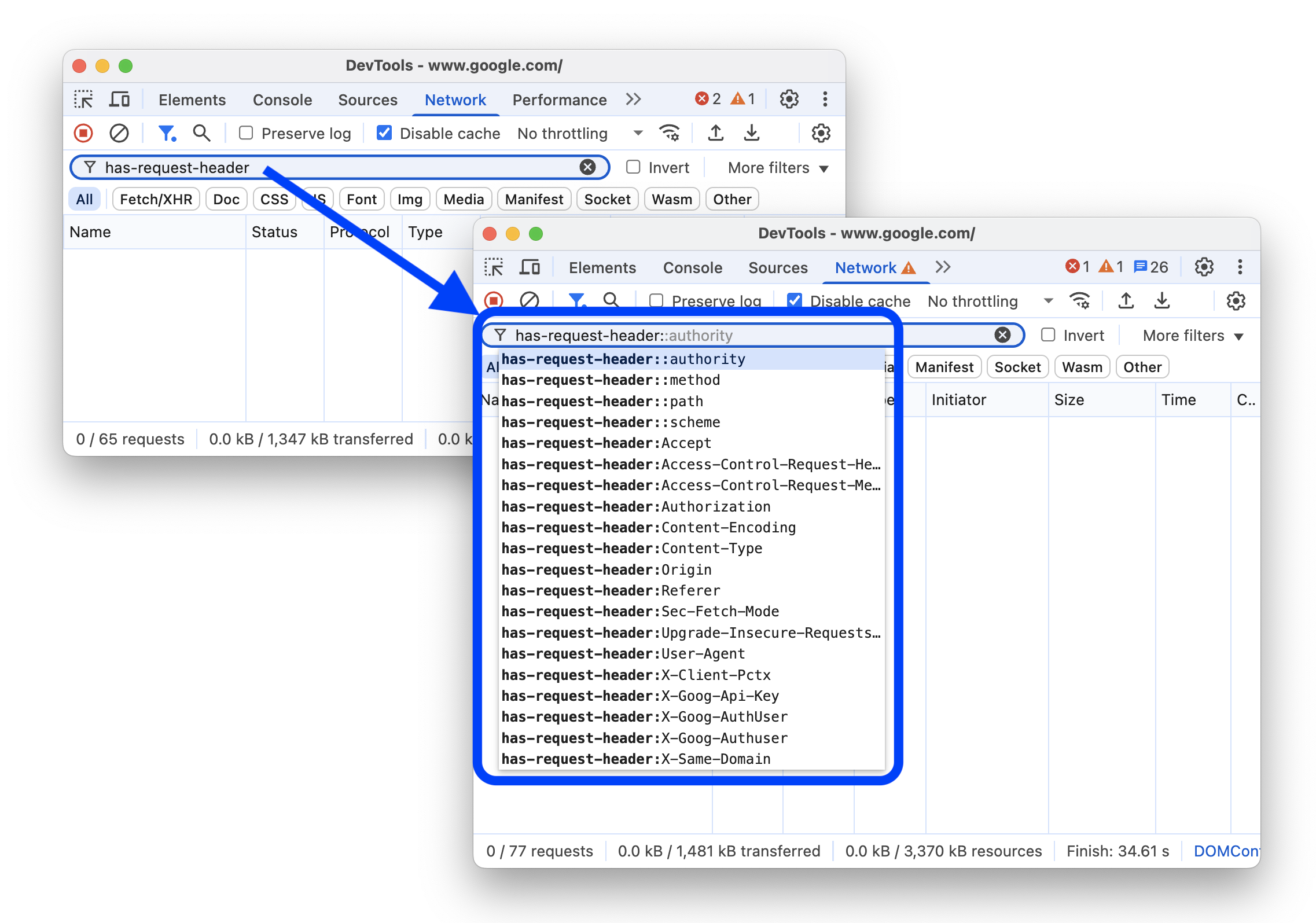 Trước và sau khi thêm bộ lọc &quot;has-request-header&quot; vào bảng điều khiển Mạng.