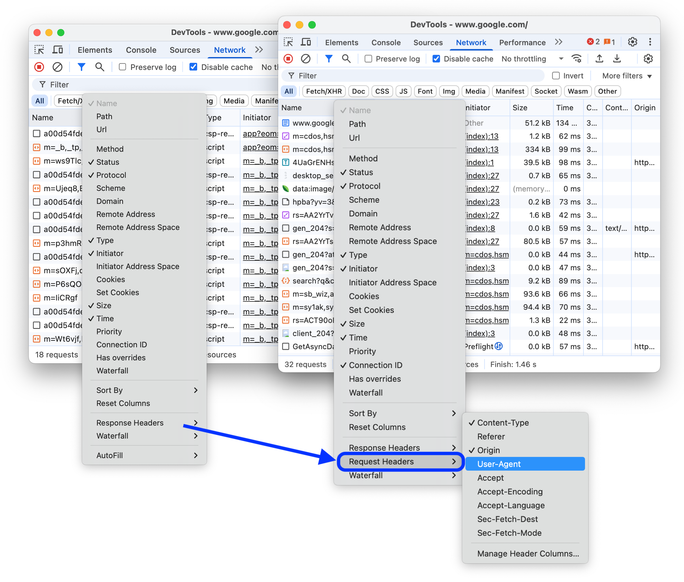 메뉴에 &#39;요청 헤더&#39; 옵션을 추가하기 전과 후
