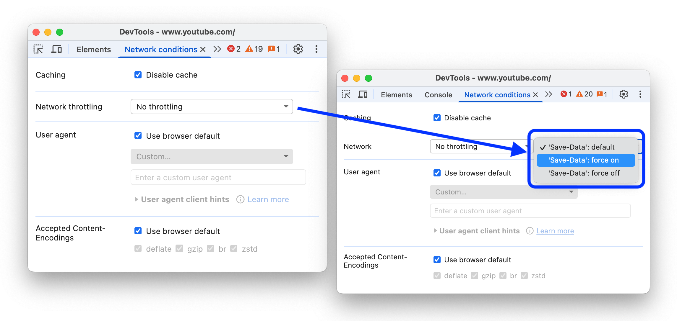 The before and after adding the 'Save-Data' request header emulation to 'Network conditions'.