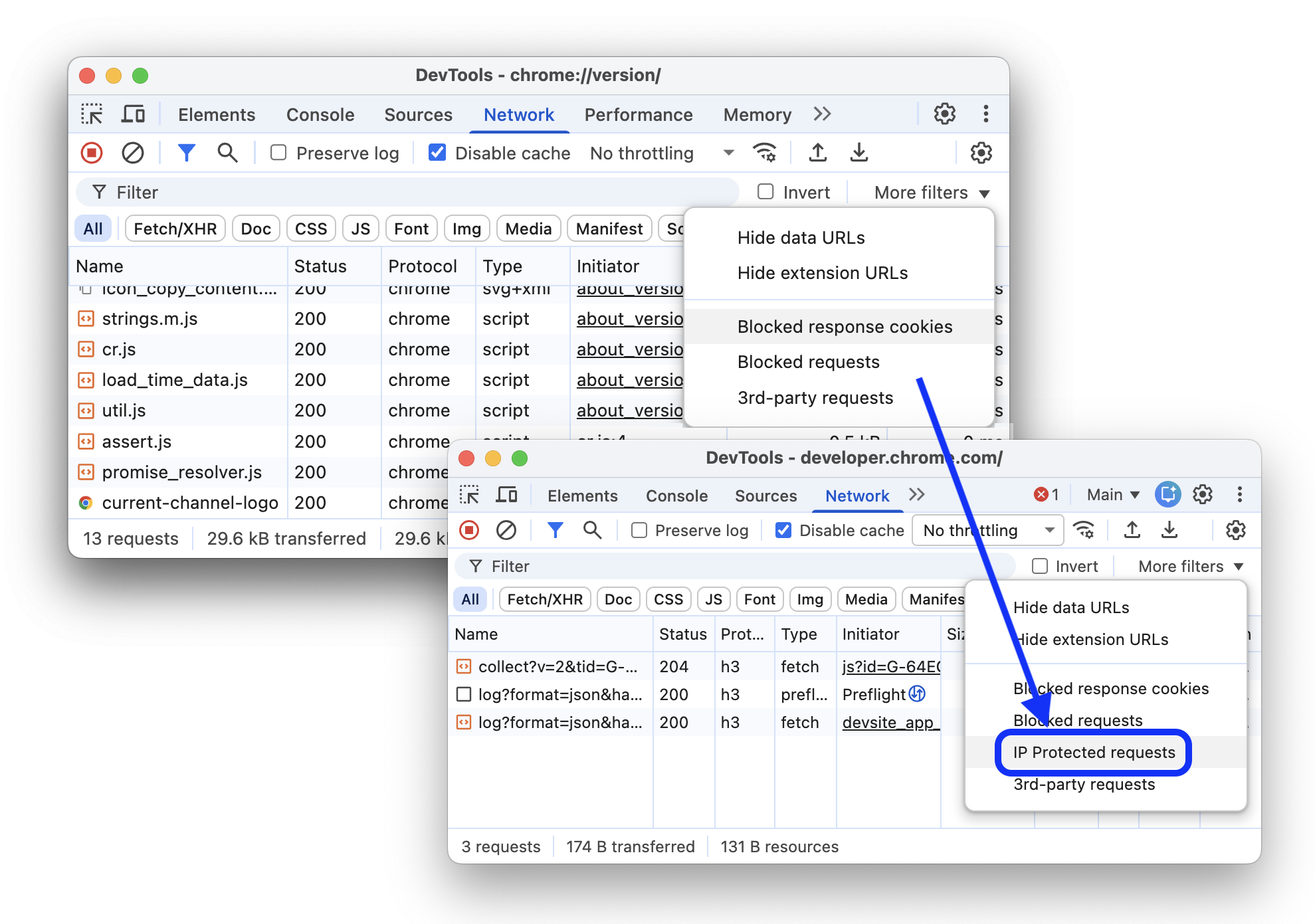 在「網路」面板中新增「IP 保護要求」篩選器前後的畫面。
