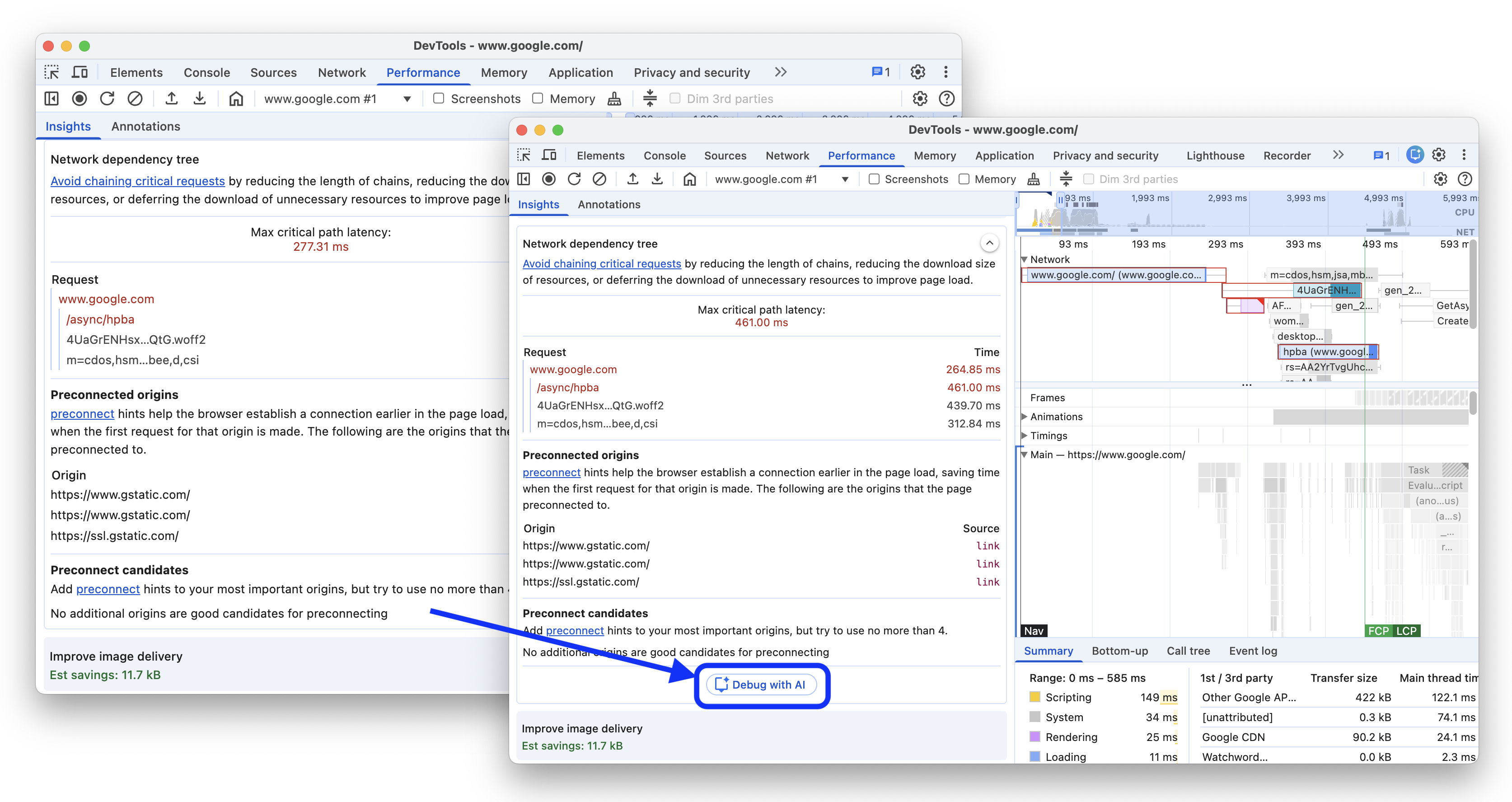 תמונה שמציגה את התובנה &#39;עץ התלות ברשת&#39; לפני ואחרי הוספת הלחצן &#39;ניפוי באגים באמצעות AI&#39;.