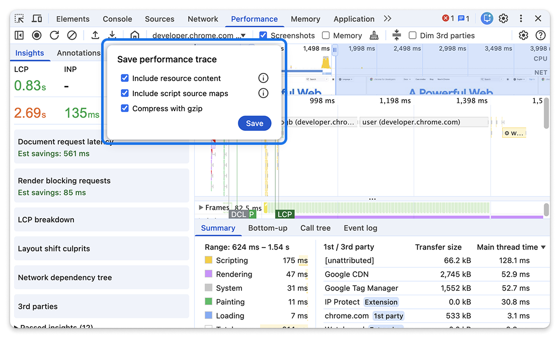 “Performance”（性能）面板中的轨迹分享对话框