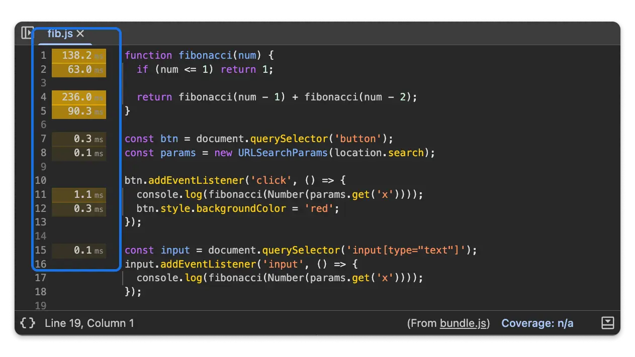 সোর্স প্যানেলে লাইন নম্বরের পাশে এক্সিকিউশনের সময়।
