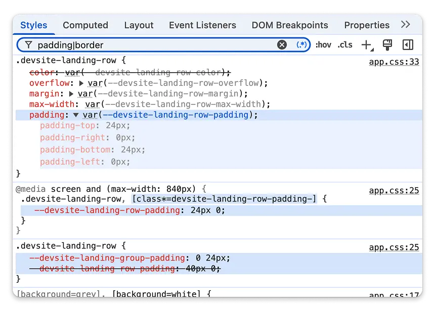 The new regular expression filter in the Styles panel.