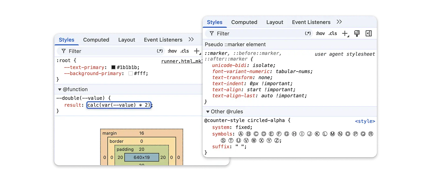 A CSS function and a counter-style rule in the Styles tab.