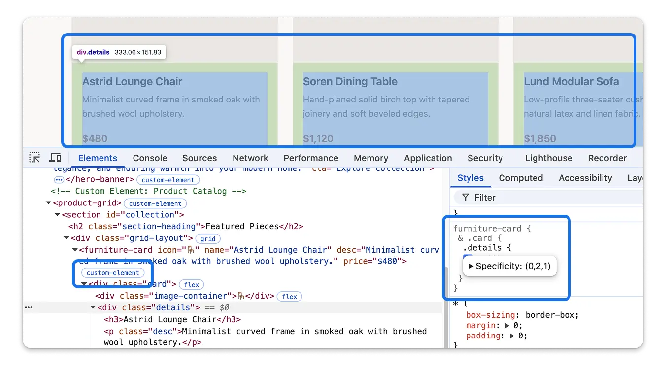 The Elements panel DOM tree displaying the custom-element adorner badge next to custom HTML tags, and hovering over a parent selector in a nested CSS rule to highlight the matching element on the page.