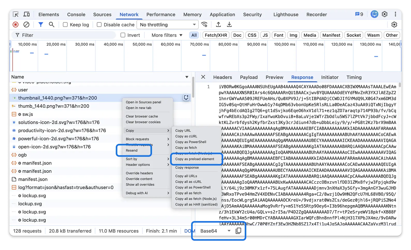 The Network panel showing the new Resend context menu option on a fetch request, the Copy as Preload element option, and the binary decoding switcher in the Payload tab.