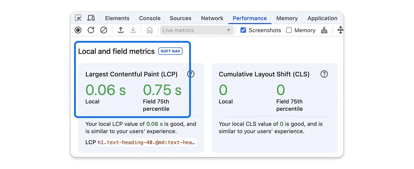 The Performance panel Live Metrics section displaying Core Web Vitals for soft navigations.