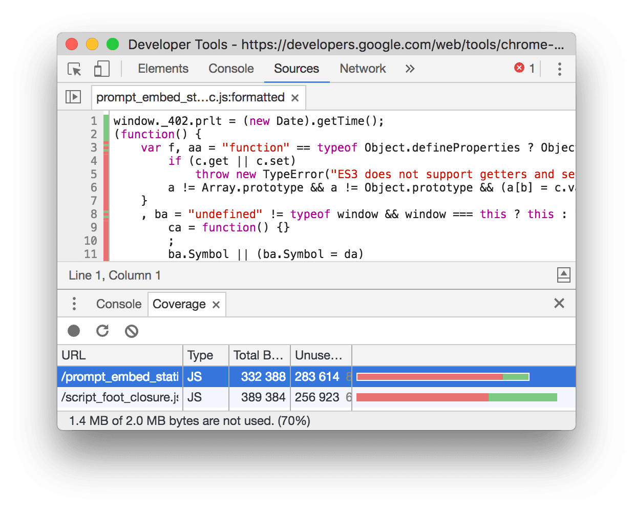 Répartition de la couverture de code dans le panneau &quot;Sources&quot;