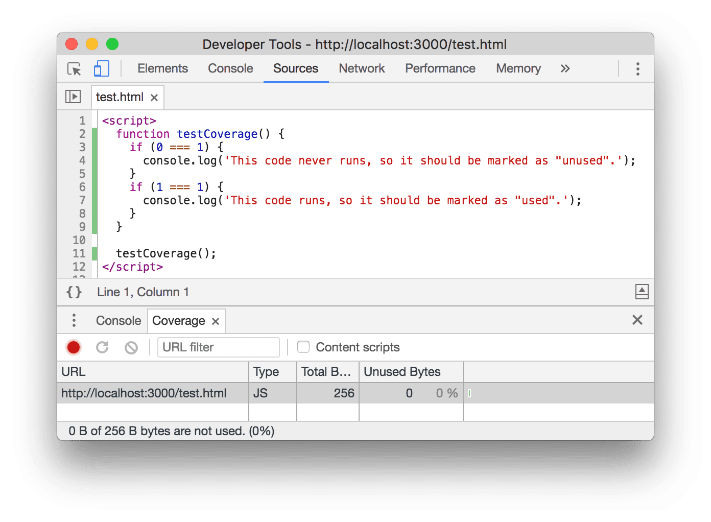 An example of the Coverage tab in Chrome 61