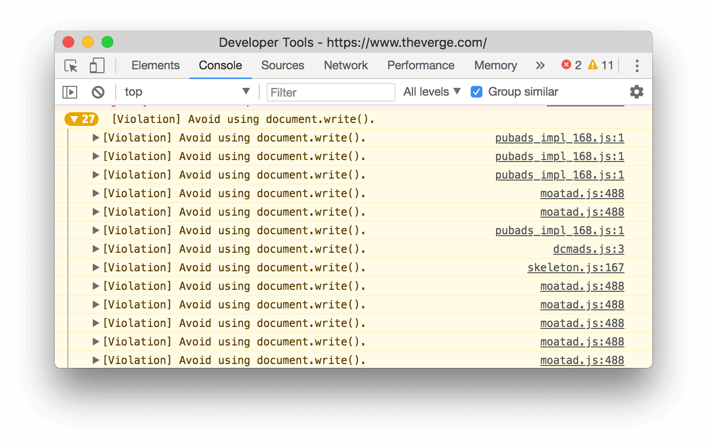 ตัวอย่างกลุ่มข้อความ Console ที่ขยาย