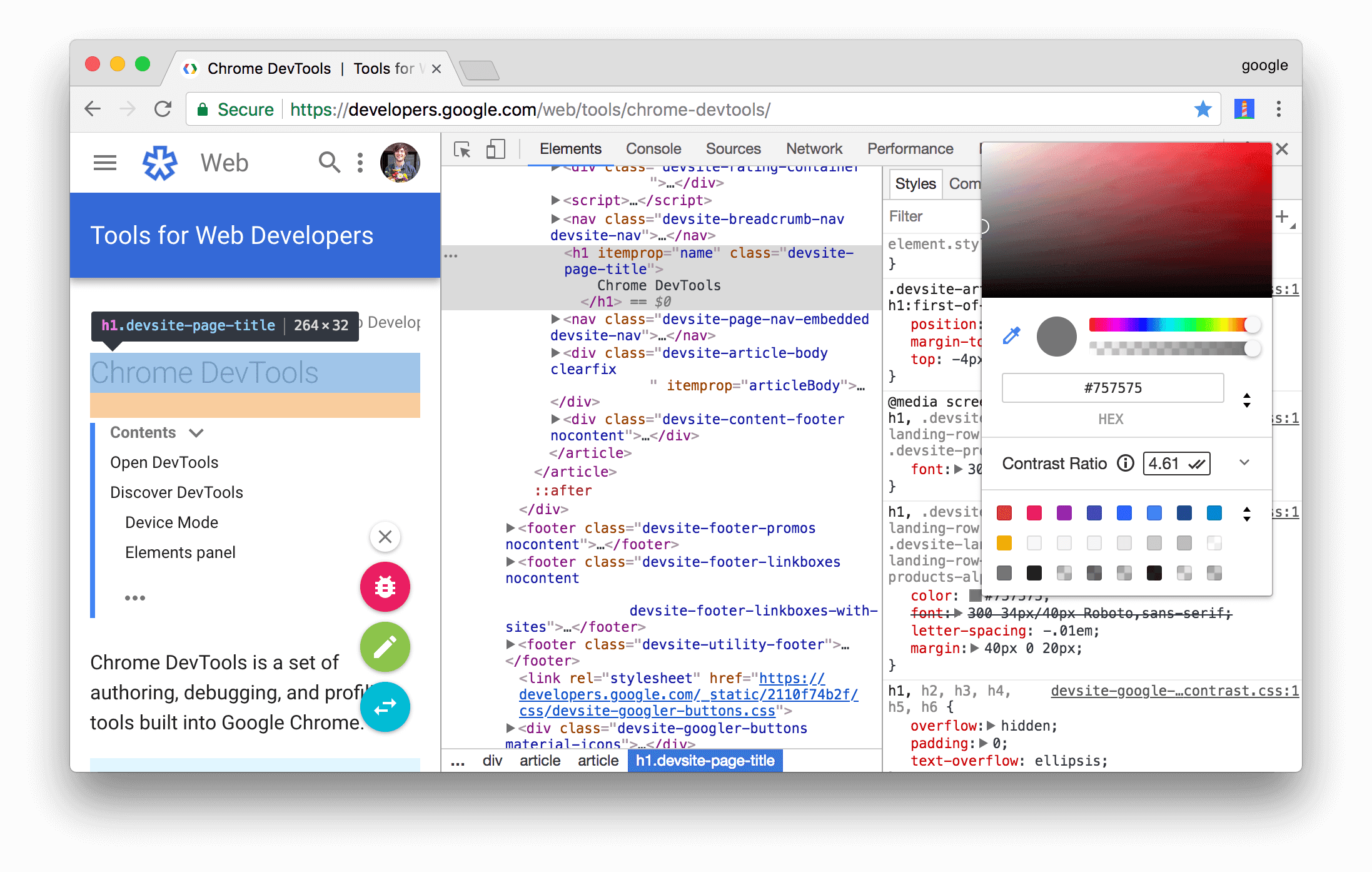 Inspecting the contrast ratio of the highlighted H1 element.