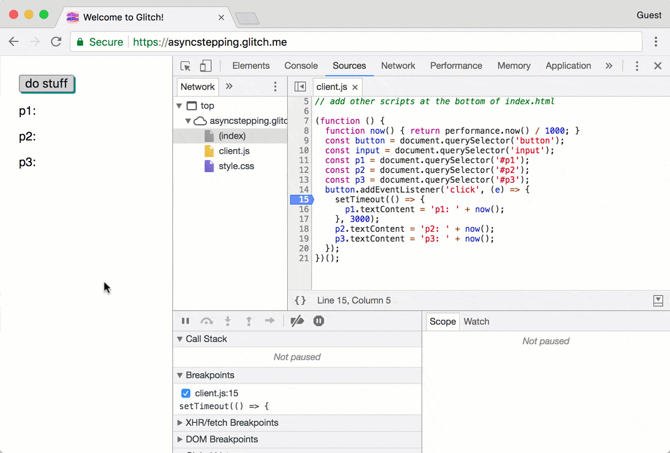 在 Chrome 63 中单步进入异步代码。