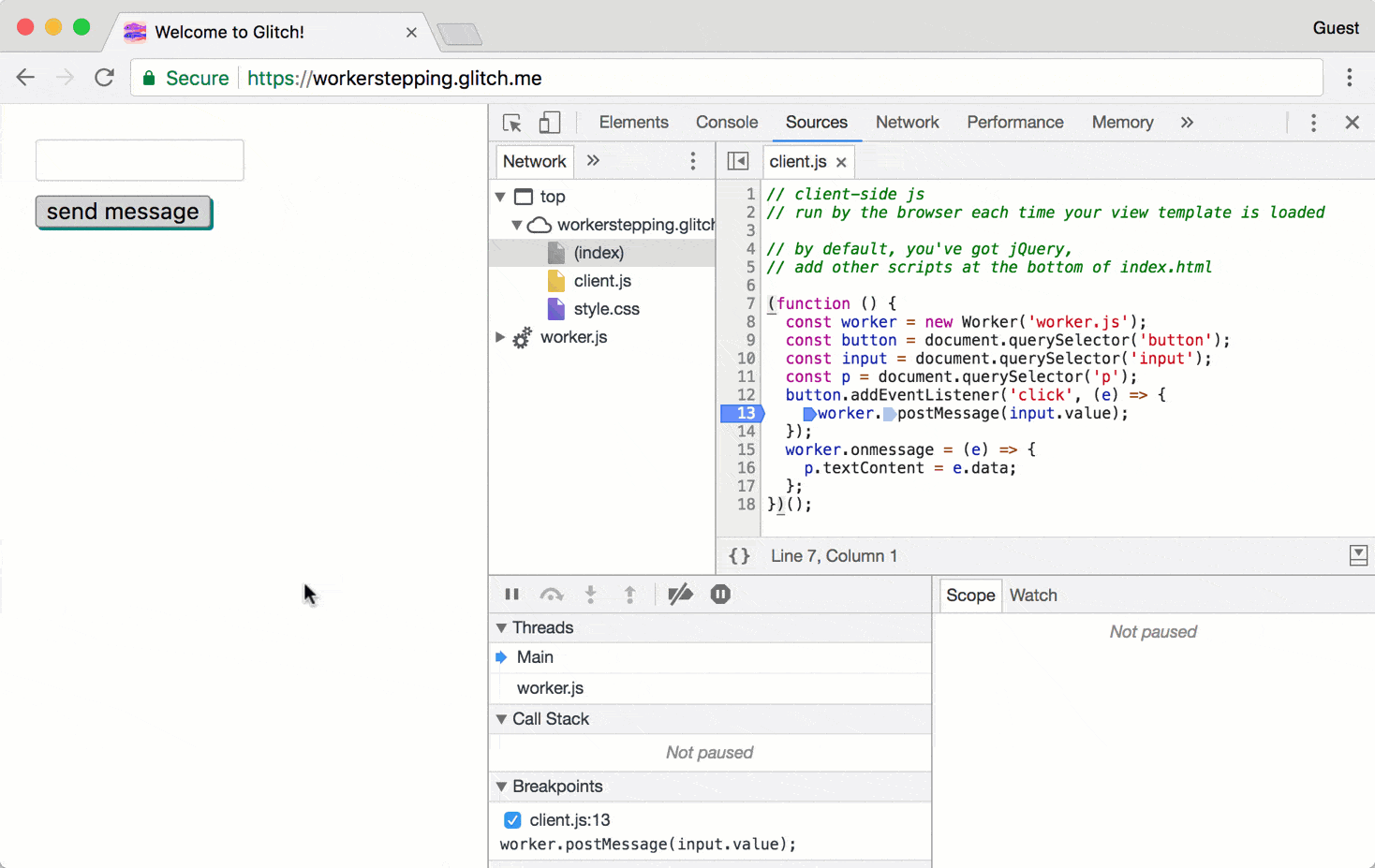 In Chrome 63 de code voor het doorgeven van berichten invoeren.