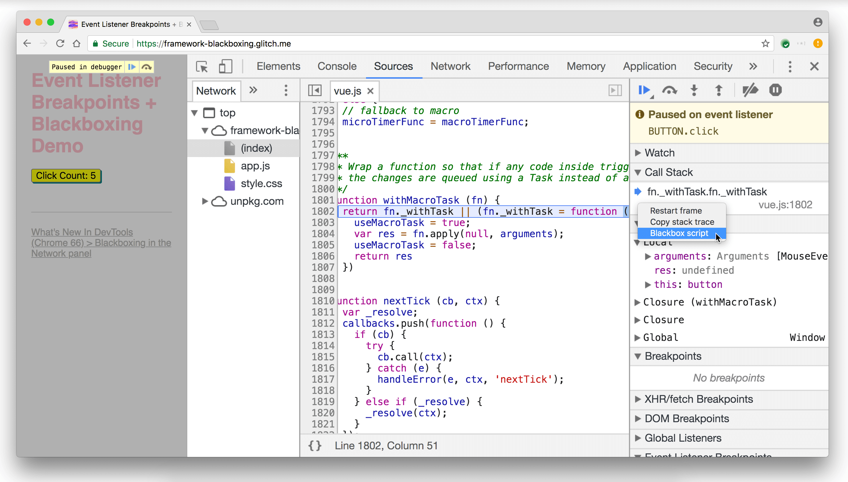 O script Vue.js foi ignorado no painel &quot;Pilha de chamadas&quot;.