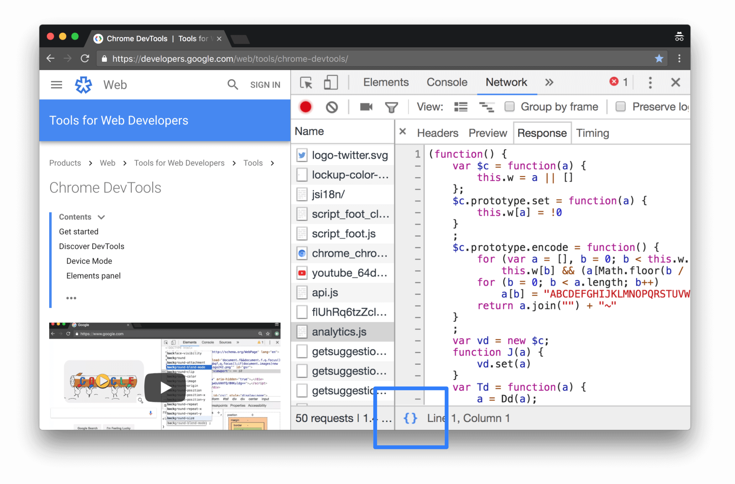 Mencetak konten analytics.js secara manual melalui tombol Format.