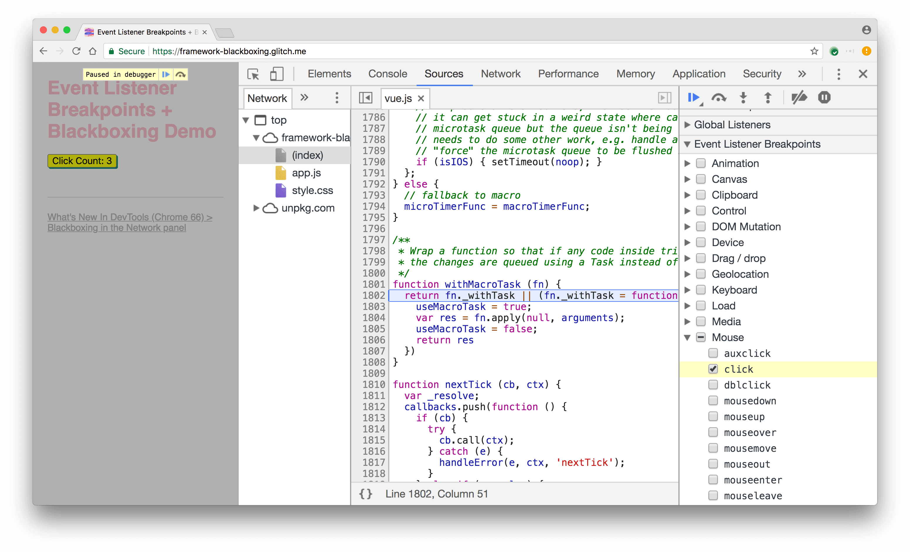 क्लिक ब्रेकपॉइंट, Vue.js के रैपर कोड में रोक लगाता है.