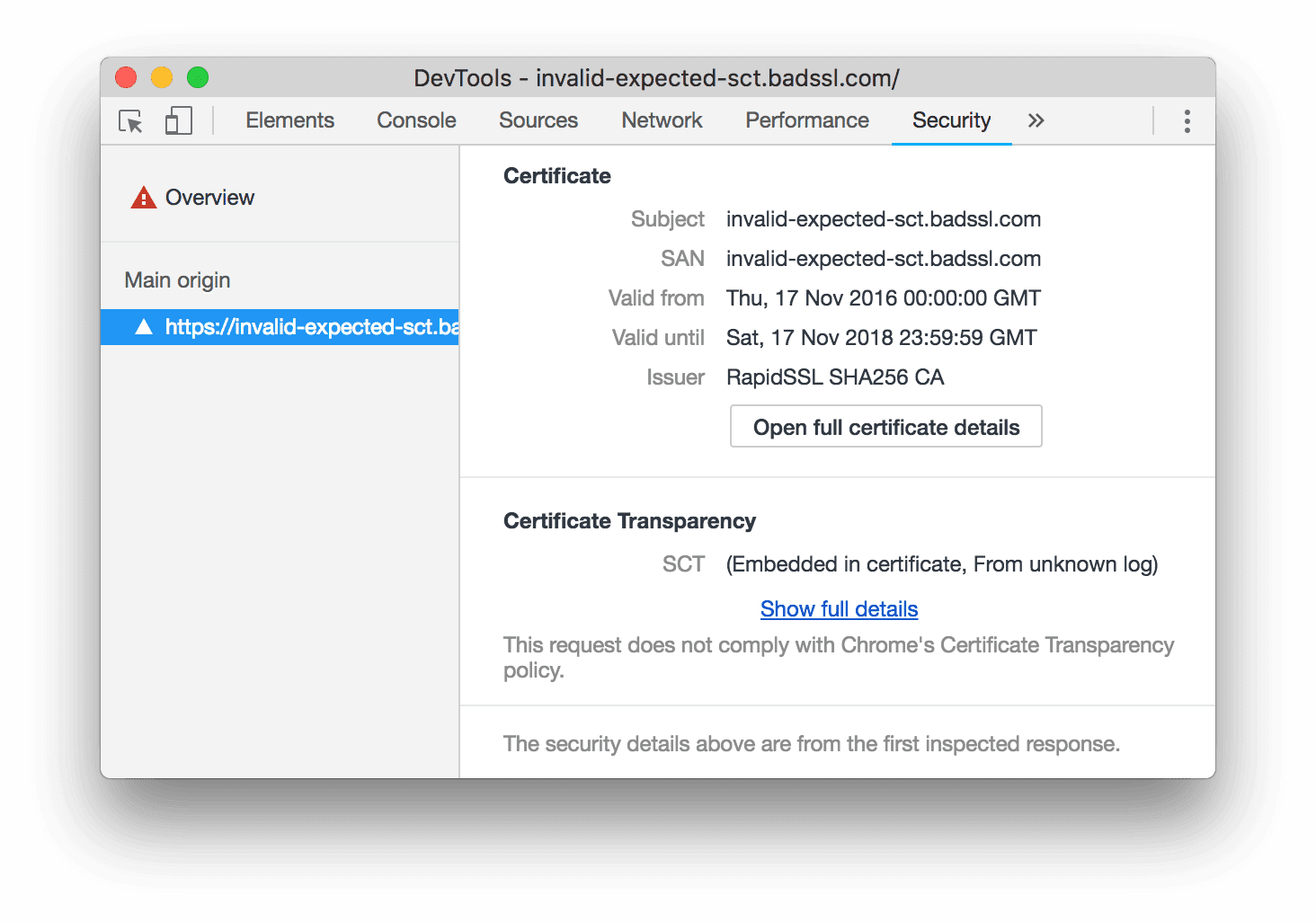 Certificate transparency information in the Security panel.