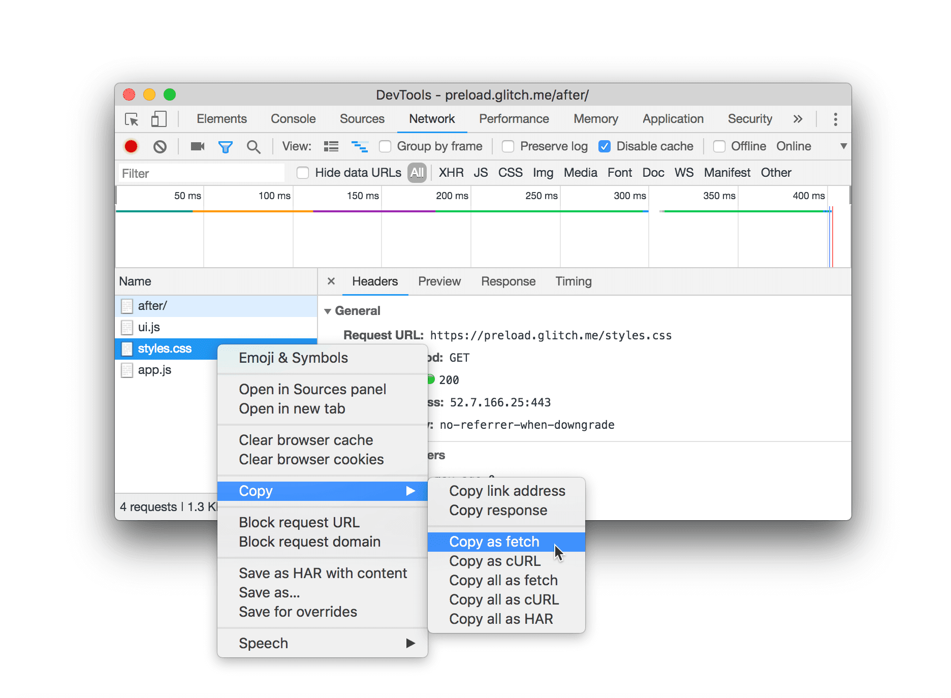 Copia il codice equivalente a fetch() per una richiesta.