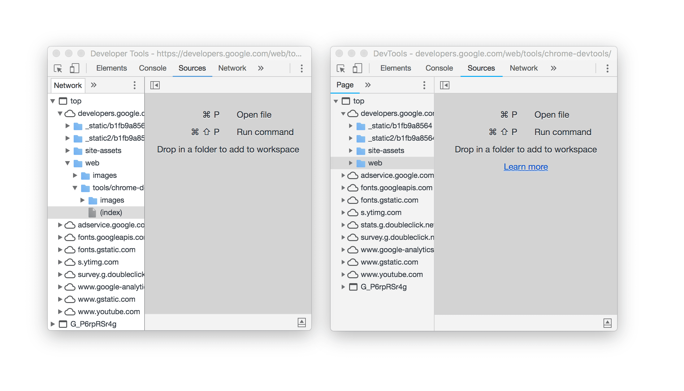 หน้าต่างเครื่องมือสำหรับนักพัฒนาเว็บ 2 หน้าต่างวางอยู่ข้างกัน ซึ่งแสดงให้เห็นว่าชื่อมีการเปลี่ยนแปลง