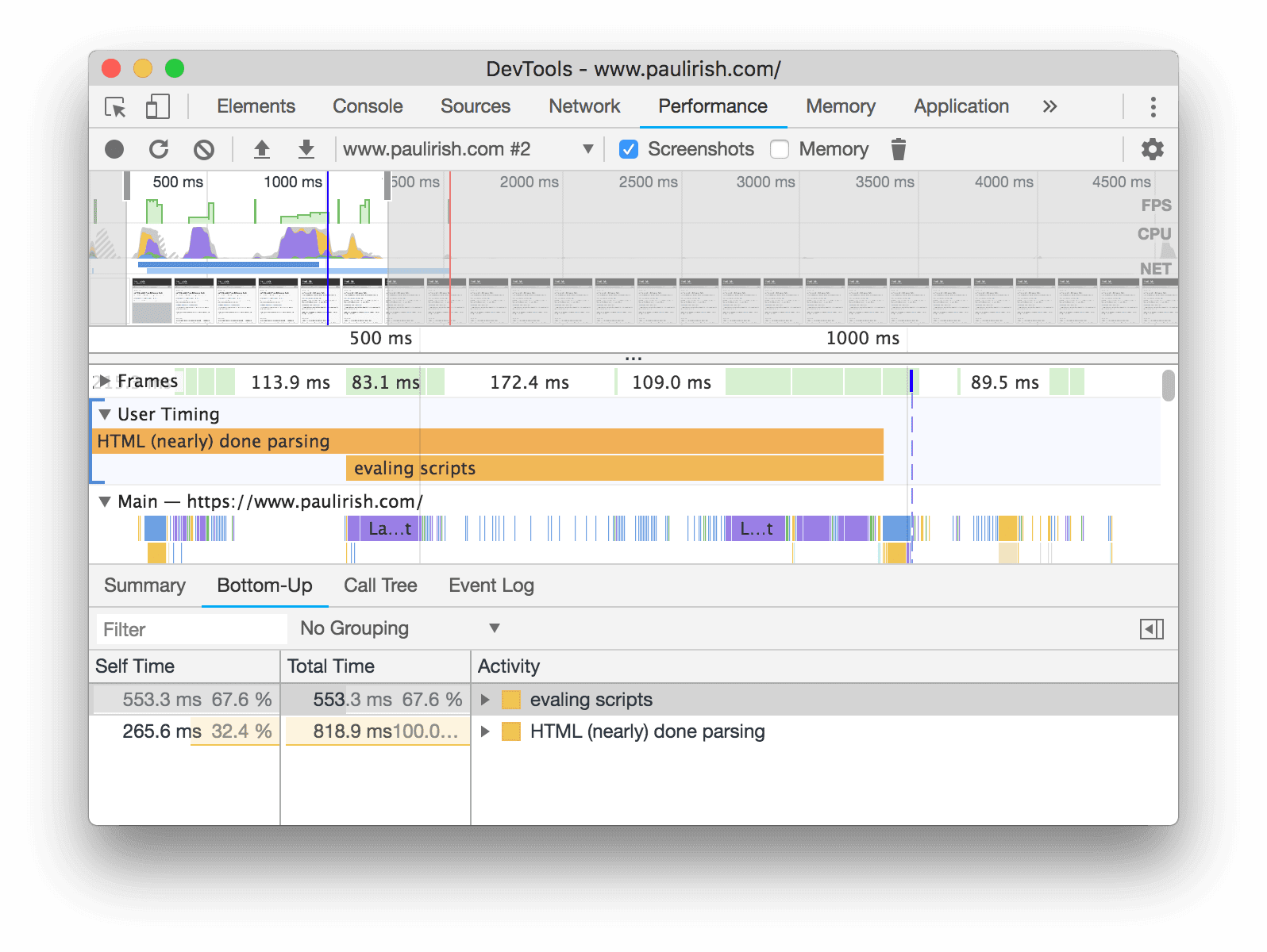 Viewing User Timing measures in the Bottom-Up tab.