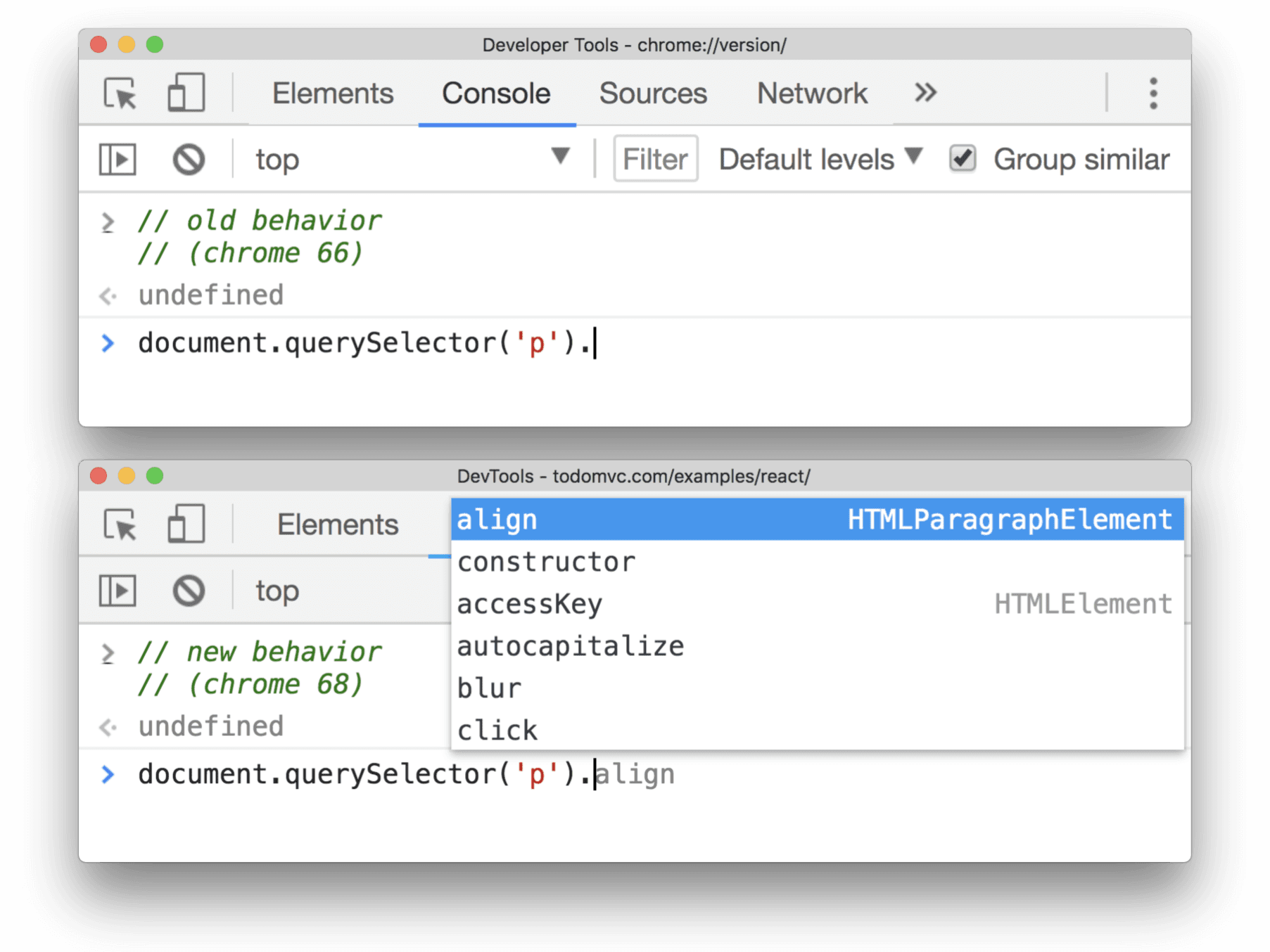 หลังจากเรียกใช้ document.querySelector(&#39;p&#39;) Console จะสามารถแสดงพร็อพเพอร์ตี้และฟังก์ชันที่พร้อมใช้งานสำหรับองค์ประกอบนั้น