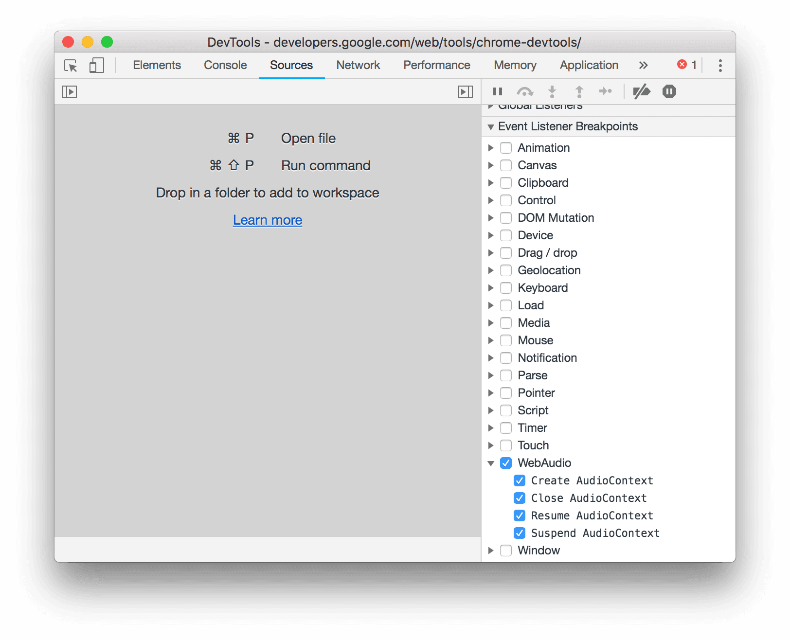 AudioContext events in the Event Listener Breakpoints pane.