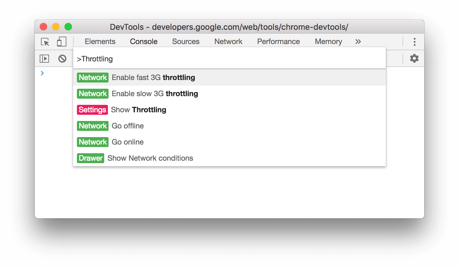 Network throttling commands in the Command Menu.