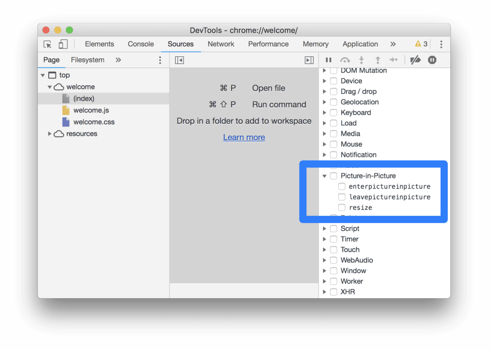 Peristiwa Picture-in-Picture di panel Event Listener Breakpoints.