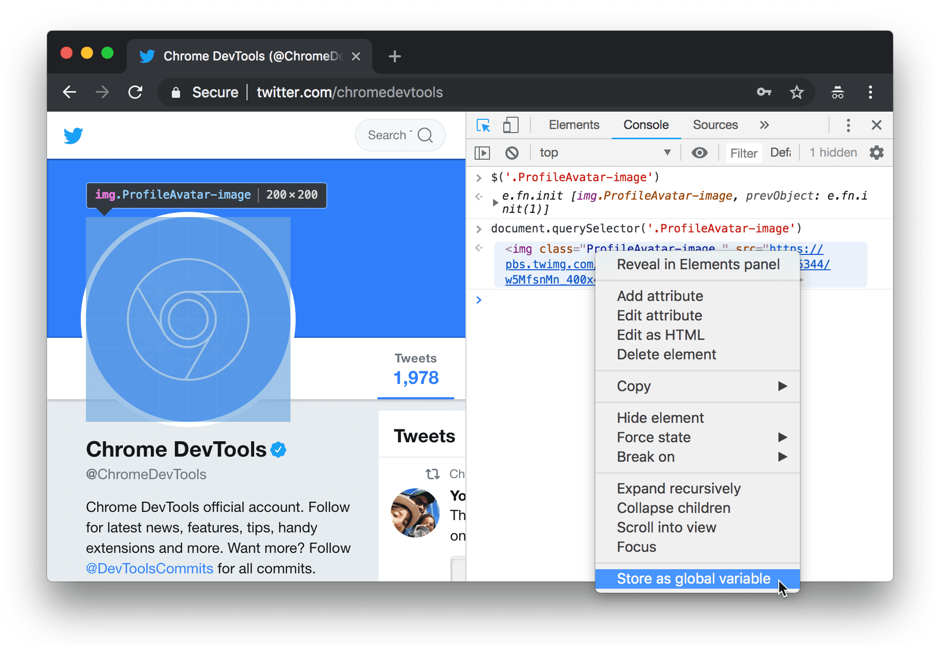 Store as global variable in the Console.