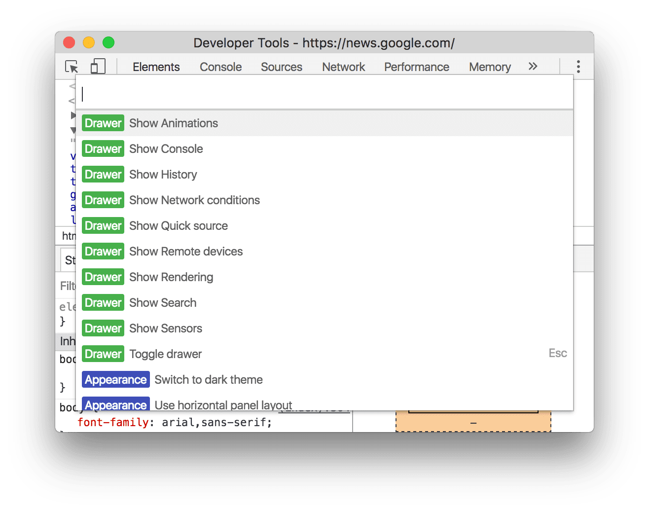 Menu de commandes